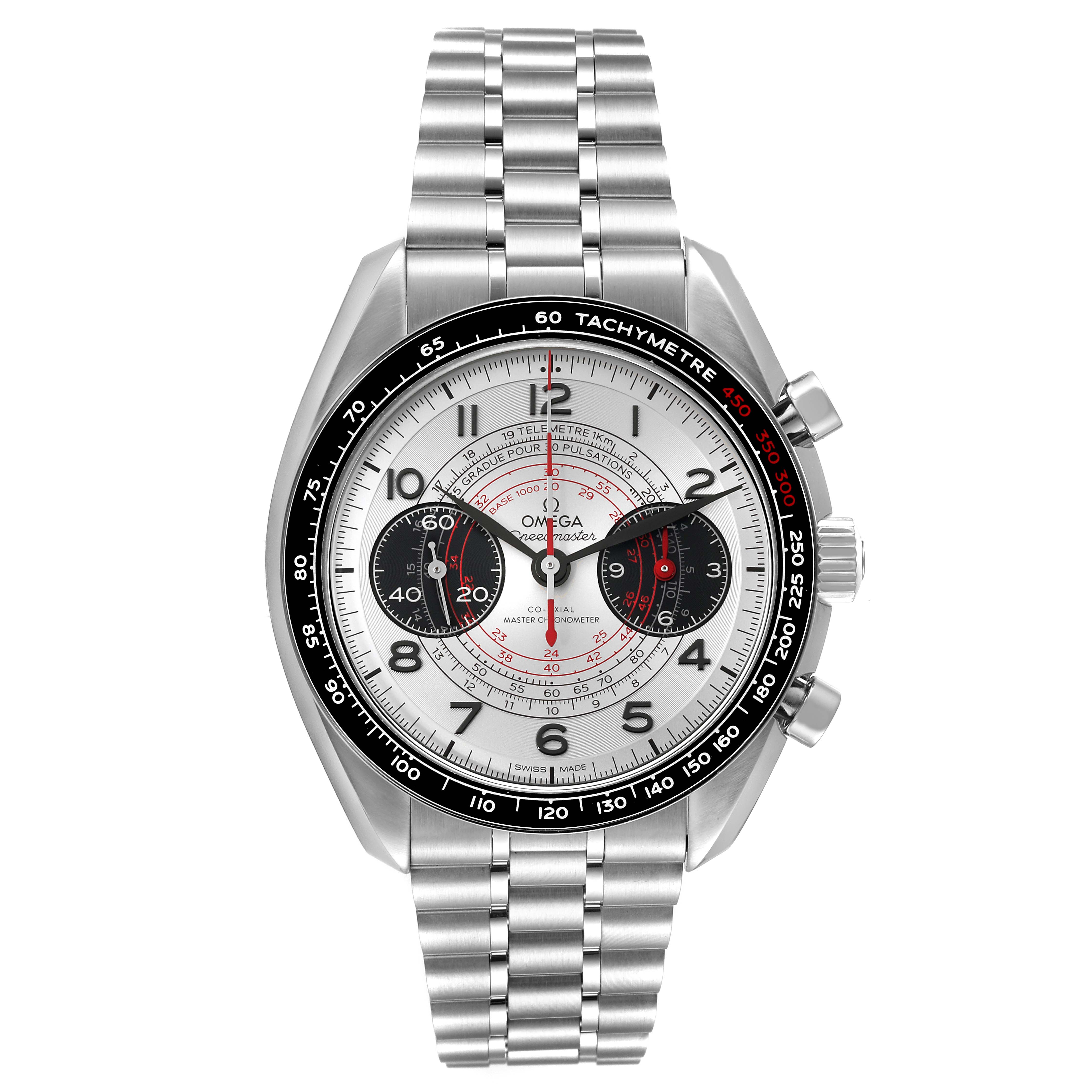 The image shows a frontal view of the Omega Speedmaster 329.30.43.51.02.002 Men's Stainless Steel Silver Dial 329.30.43.51.02.002 Men's Stainless Steel Silver Dial watch, highlighting its dial, bezel, and metal bracelet.