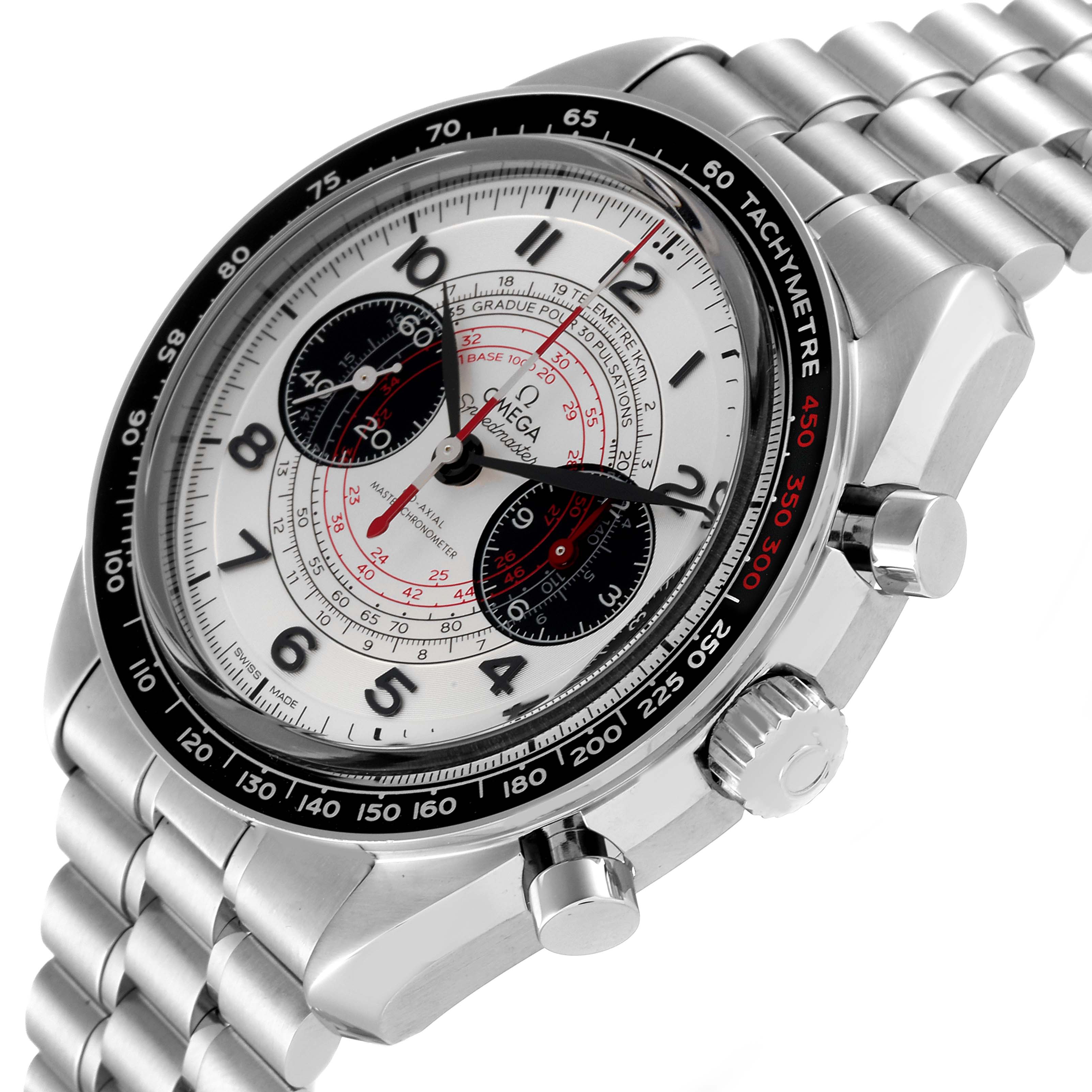 The image shows an angled close-up view of an Omega Speedmaster 329.30.43.51.02.002 Men's Stainless Steel Silver Dial 329.30.43.51.02.002 Men's Stainless Steel Silver Dial watch highlighting its dial and stainless steel bracelet.