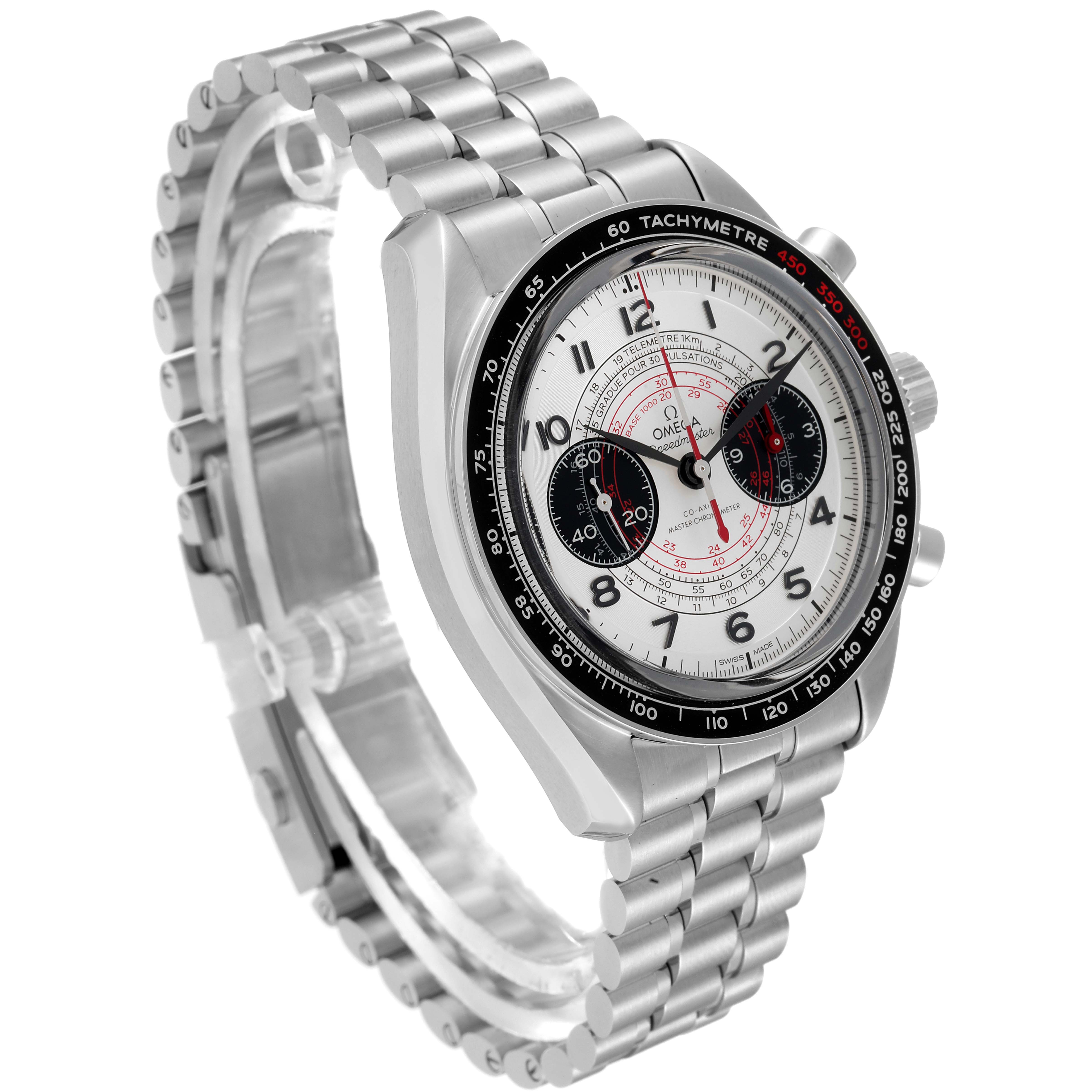 The watch is an Omega Speedmaster 329.30.43.51.02.002 Men's Stainless Steel Silver Dial 329.30.43.51.02.002 Men's Stainless Steel Silver Dial model shown at a slight side angle, highlighting the face, bezel, and bracelet.