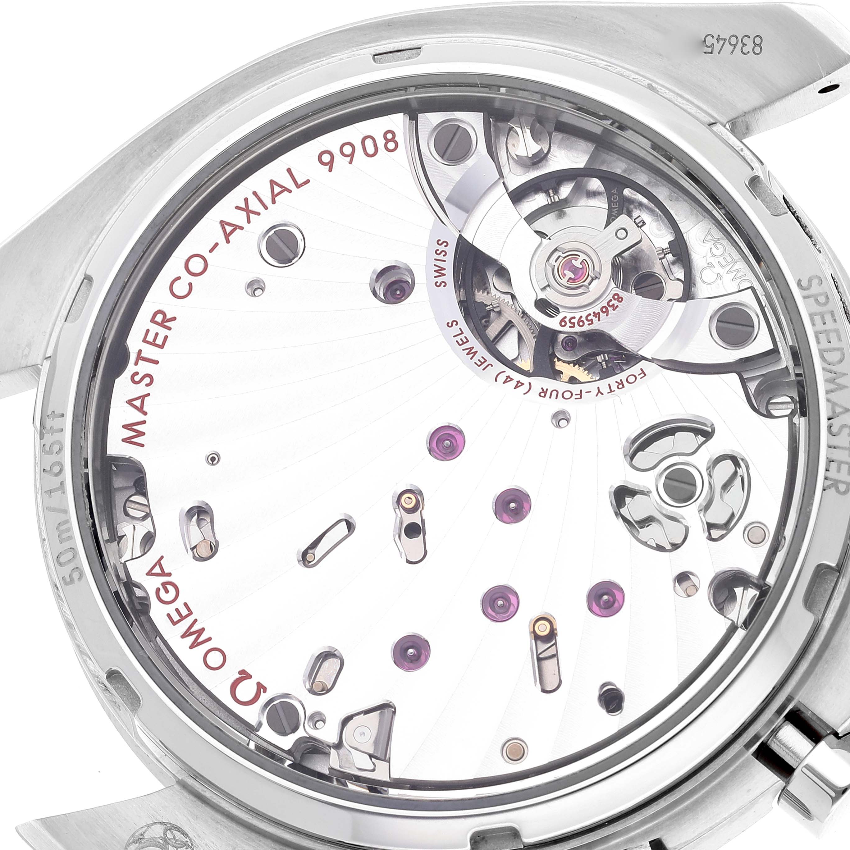 The image shows the intricate back view of the Omega Speedmaster 329.30.43.51.02.002 Men's Stainless Steel Silver Dial 329.30.43.51.02.002 Men's Stainless Steel Silver Dial, detailing its Master Co-Axial 9908 movement.