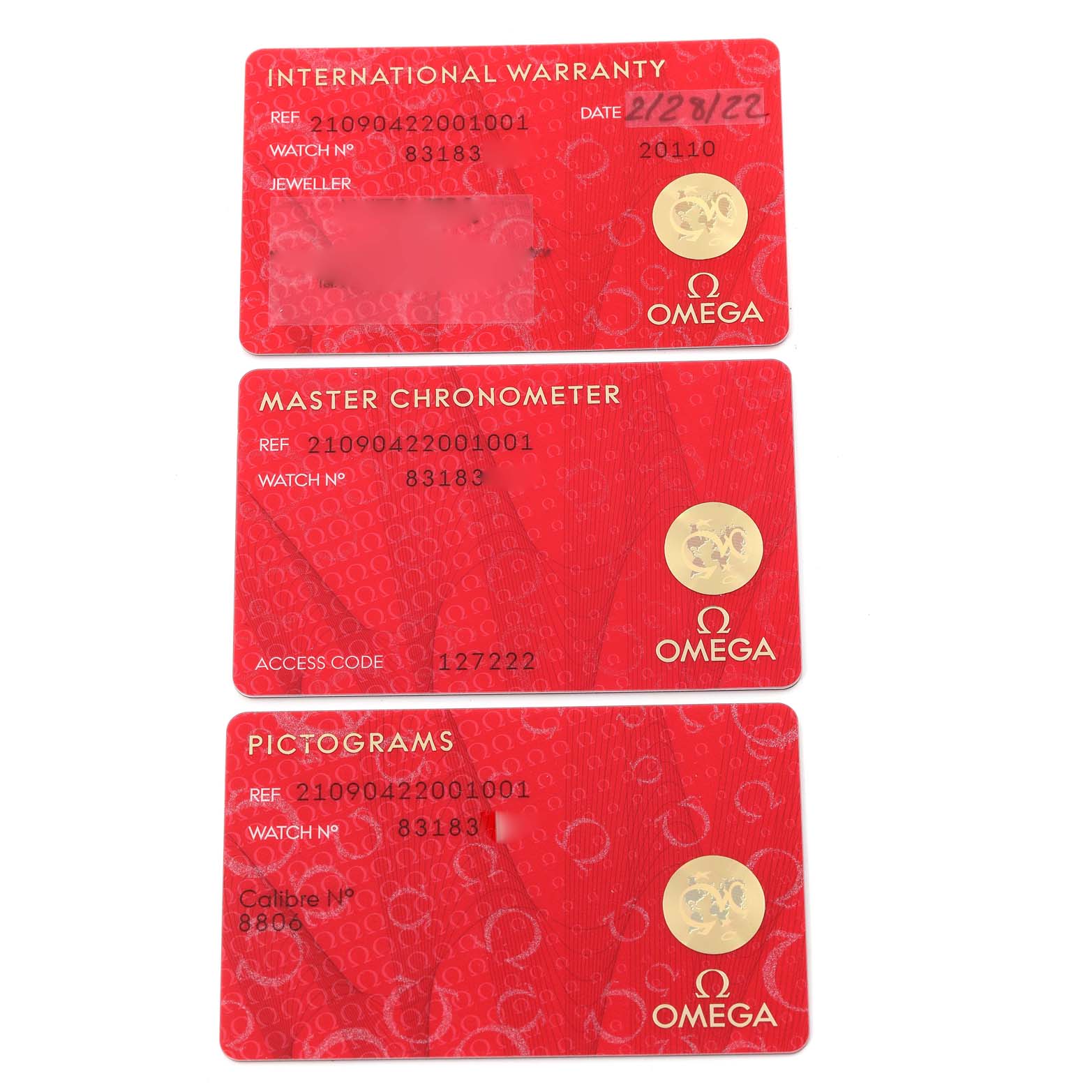 The image shows International Warranty, Master Chronometer, and Pictograms cards of an Omega Seamaster 210.90.42.20.01.001 Men's Titanium Brown Dial 210.90.42.20.01.001 Men's Titanium Brown Dial watch.