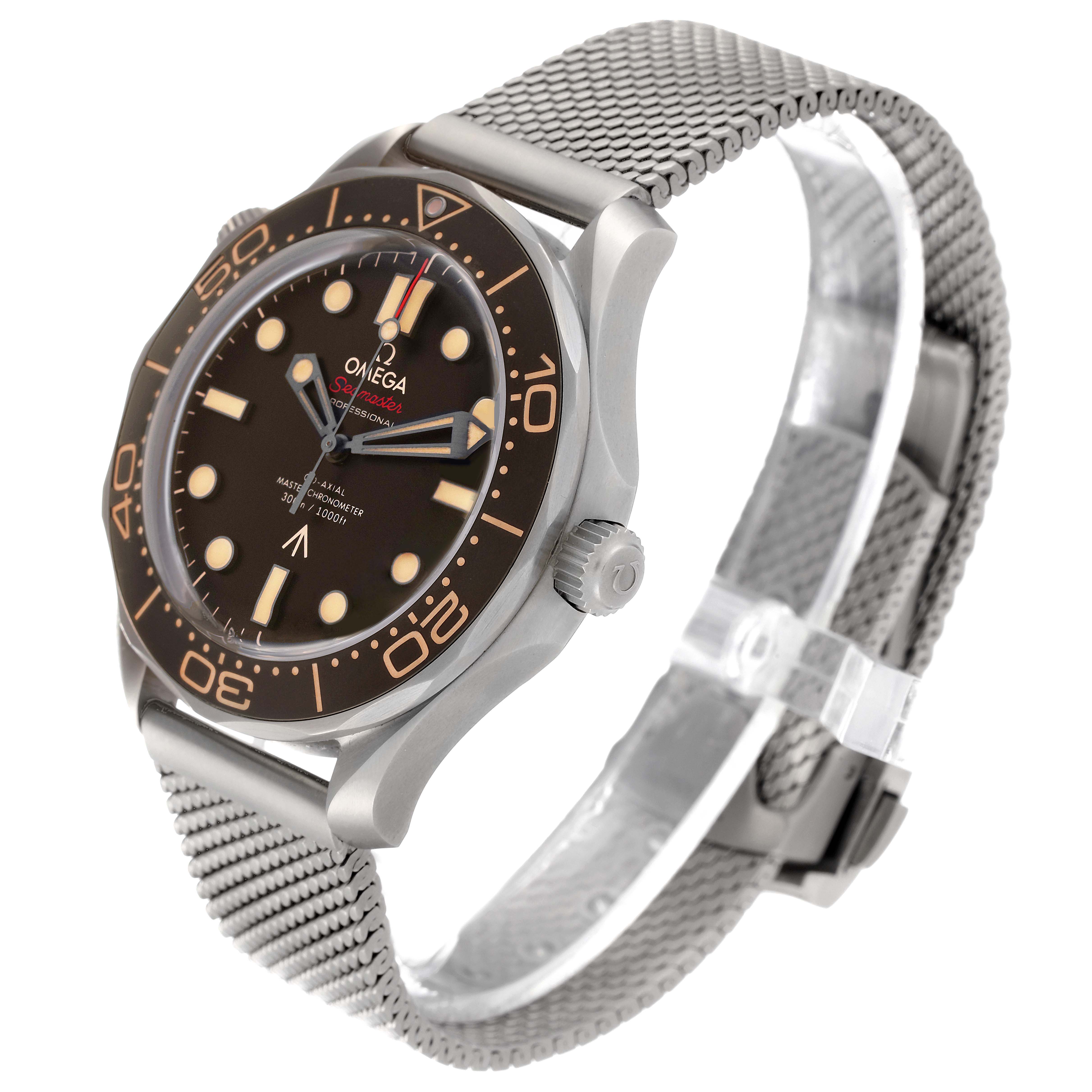 The image shows an Omega Seamaster 210.90.42.20.01.001 Men's Titanium Brown Dial 210.90.42.20.01.001 Men's Titanium Brown Dial watch at a three-quarter angle, highlighting the dial, bezel, and mesh strap.