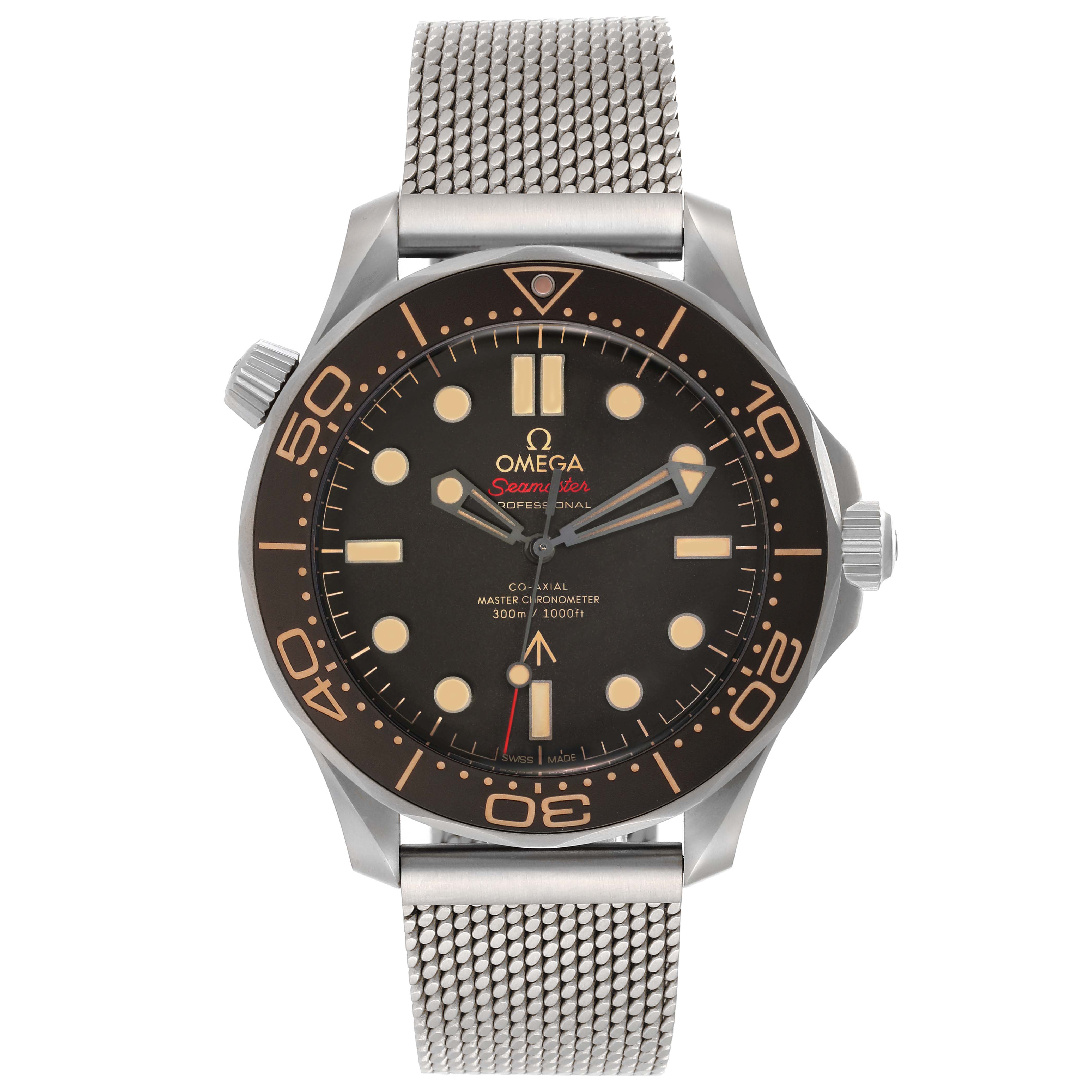 This image shows a front view of the Omega Seamaster 210.90.42.20.01.001 Men's Titanium Brown Dial 210.90.42.20.01.001 Men's Titanium Brown Dial watch, displaying its dial, bezel, and metal mesh strap.