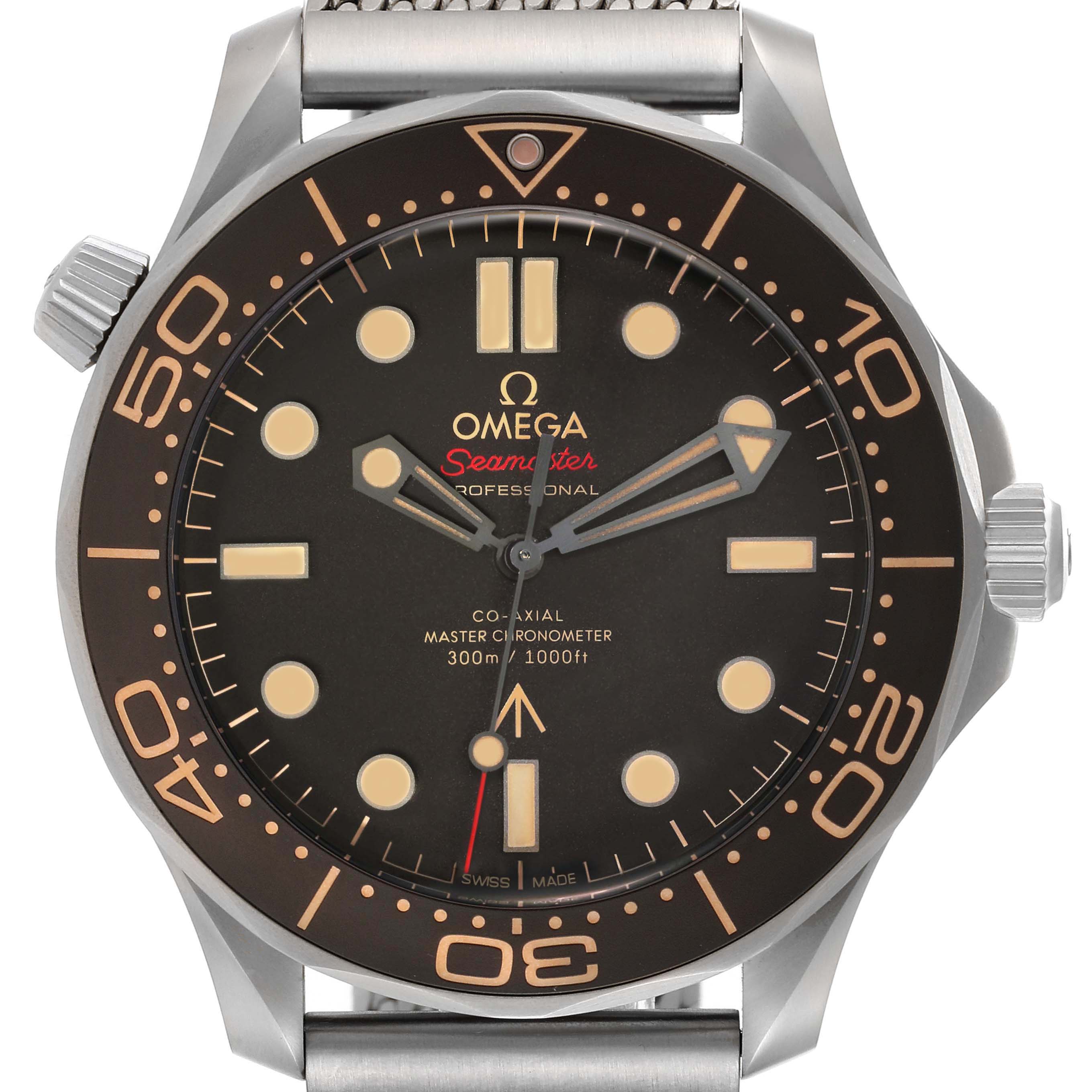 The image shows a frontal view of the Omega Seamaster 210.90.42.20.01.001 Men's Titanium Brown Dial 210.90.42.20.01.001 Men's Titanium Brown Dial watch, highlighting its dial, bezel, and markers.