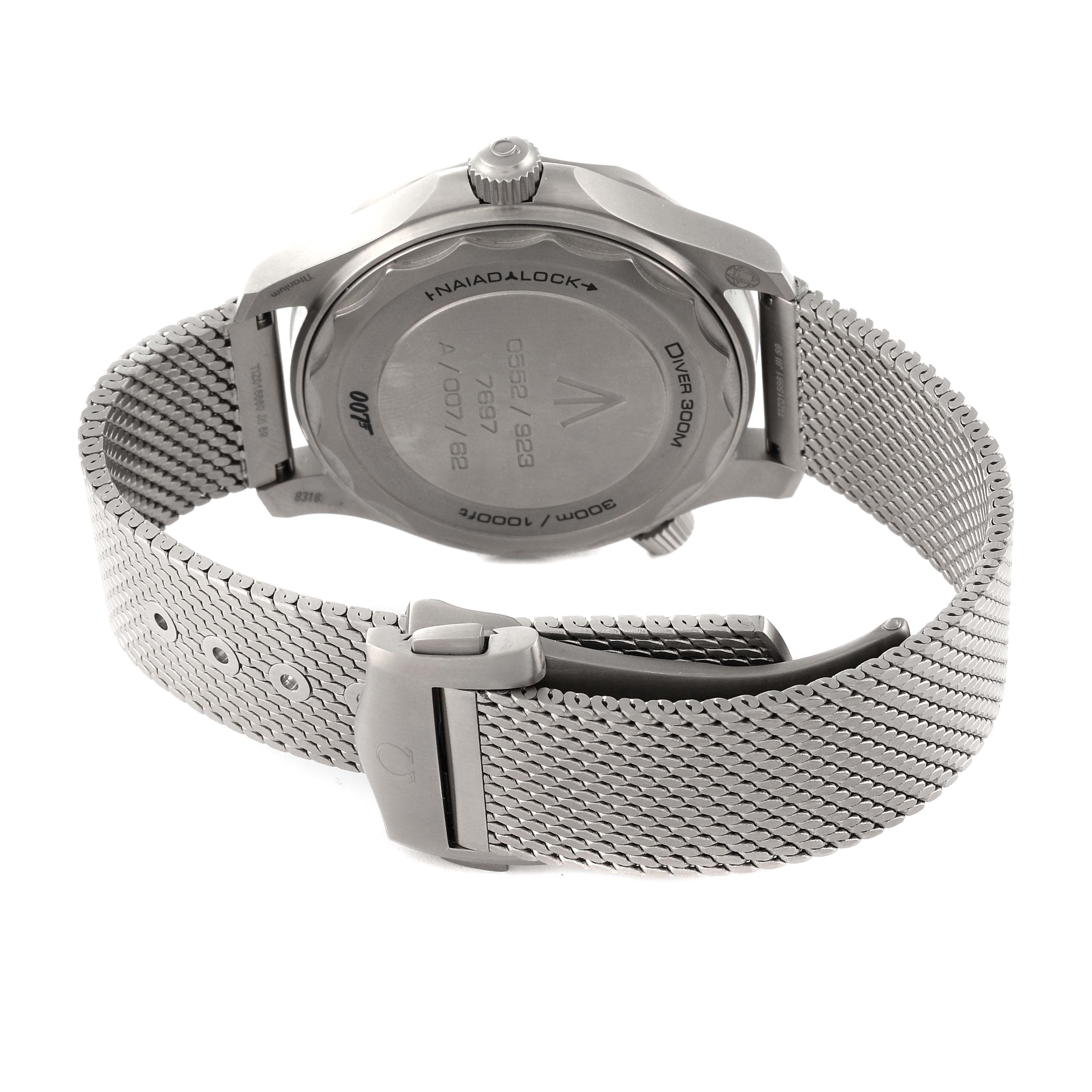 The image shows the back case and mesh bracelet of an Omega Seamaster 210.90.42.20.01.001 Men's Titanium Brown Dial 210.90.42.20.01.001 Men's Titanium Brown Dial watch viewed from an angle highlighting the clasp and crown.