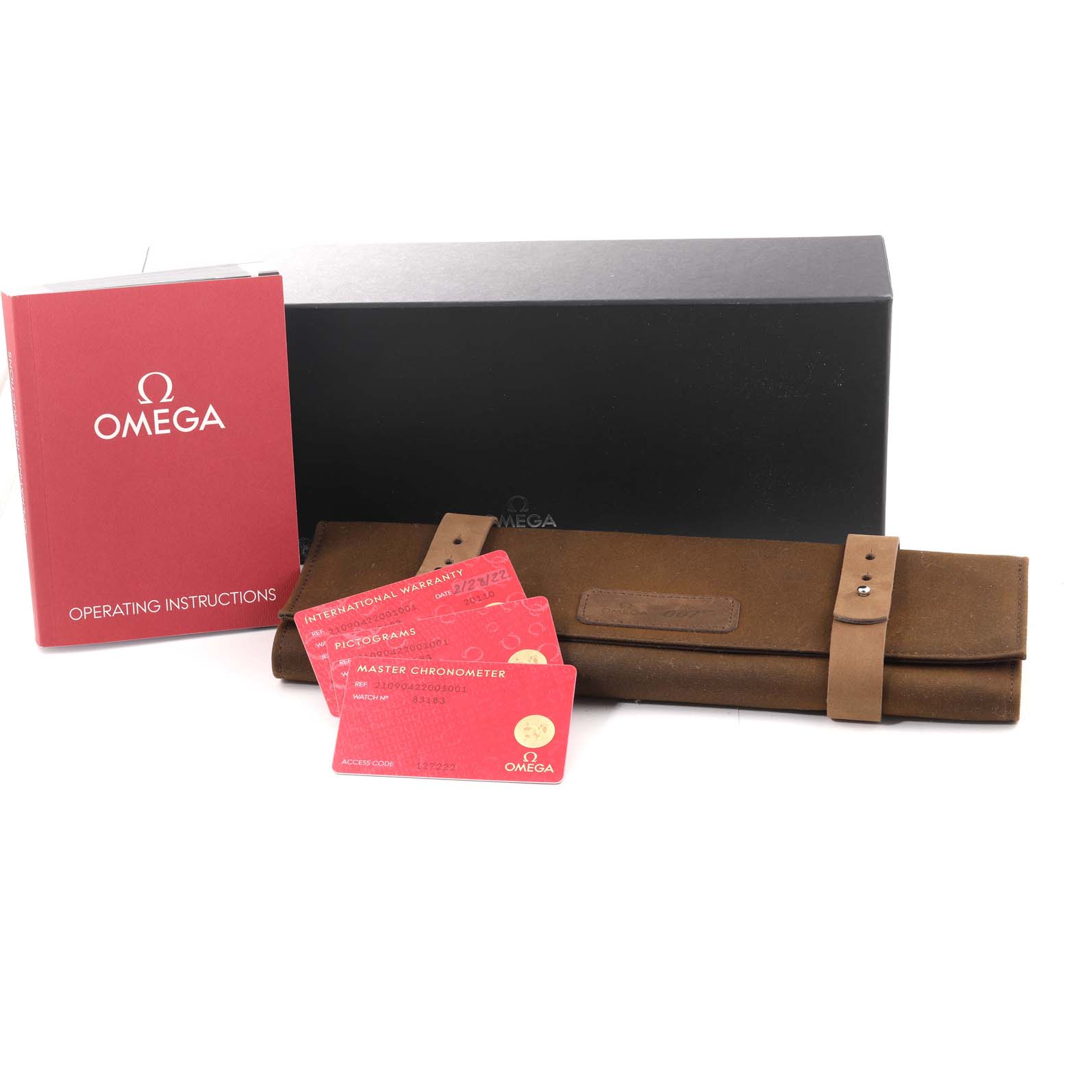 The image shows accessories for the Omega Seamaster 210.90.42.20.01.001 Men's Titanium Brown Dial 210.90.42.20.01.001 Men's Titanium Brown Dial model, including a black box, operating instructions, warranty cards, and a brown pouch.