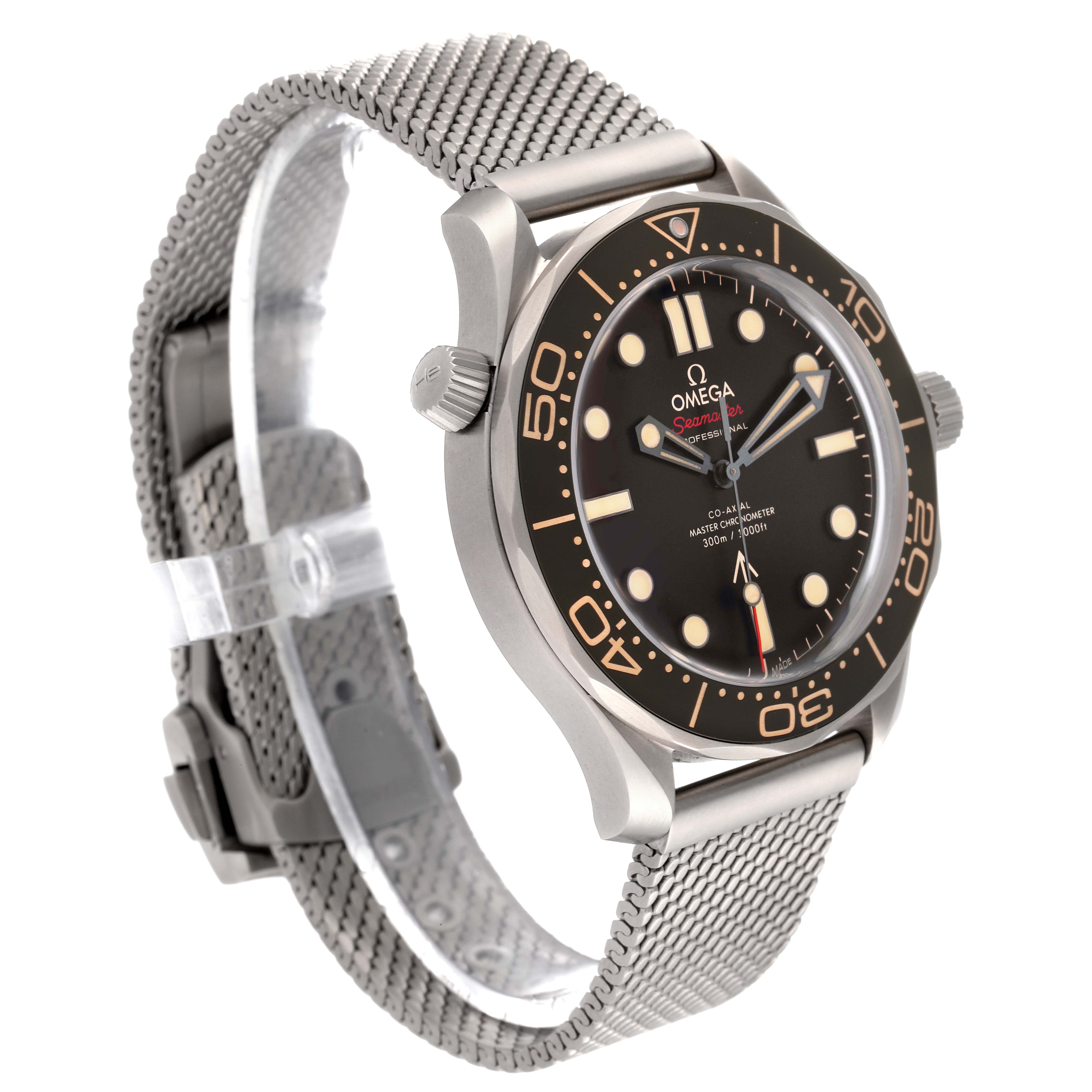 This image shows a side angle view of an Omega Seamaster 210.90.42.20.01.001 Men's Titanium Brown Dial 210.90.42.20.01.001 Men's Titanium Brown Dial watch with its face, bezel, case, and mesh bracelet clearly visible.