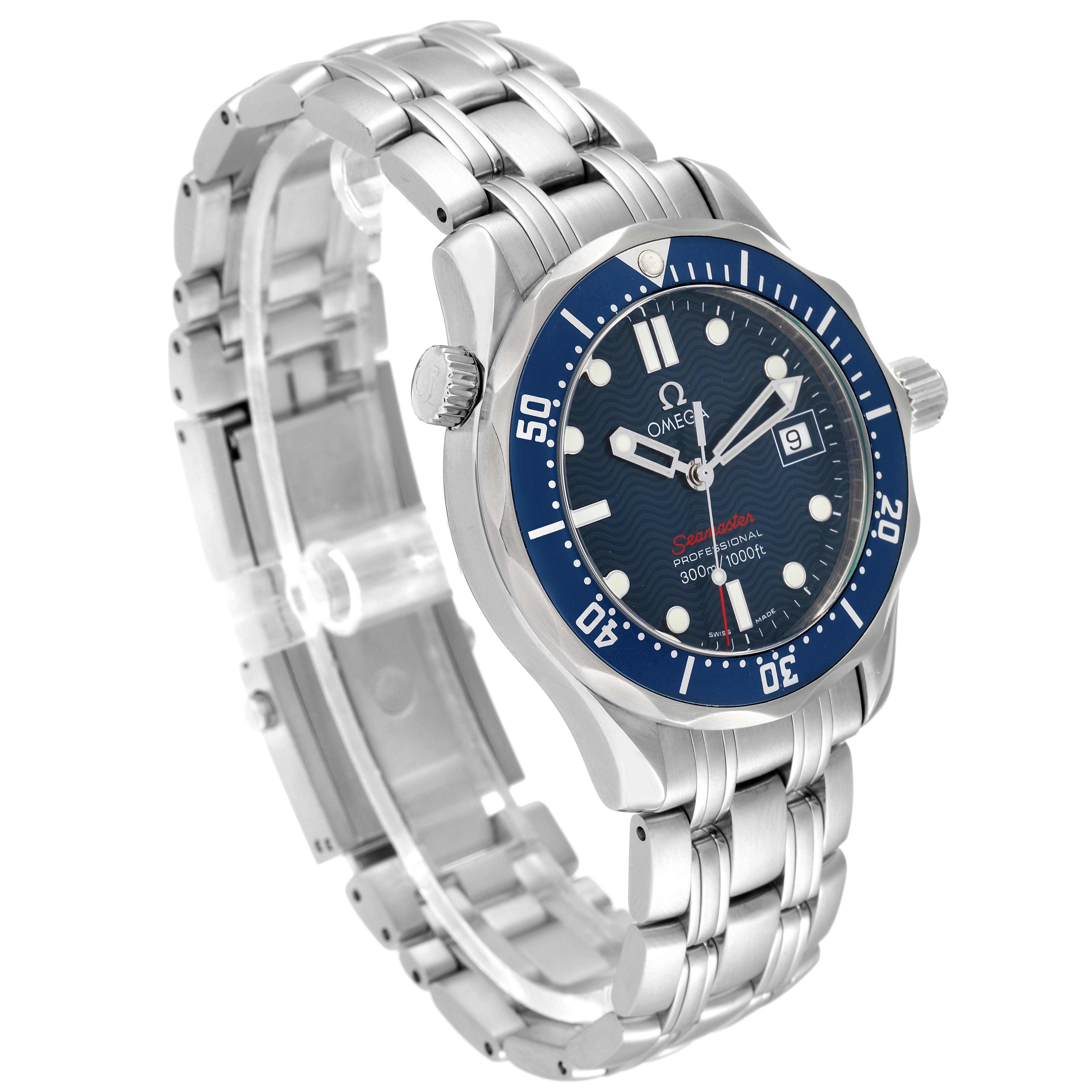 The image shows a side angle of an Omega Seamaster 2223.80.00 Men's Stainless Steel Blue Dial 2223.80.00 Men's Stainless Steel Blue Dial watch, highlighting its blue dial, bezel, and metal bracelet.
