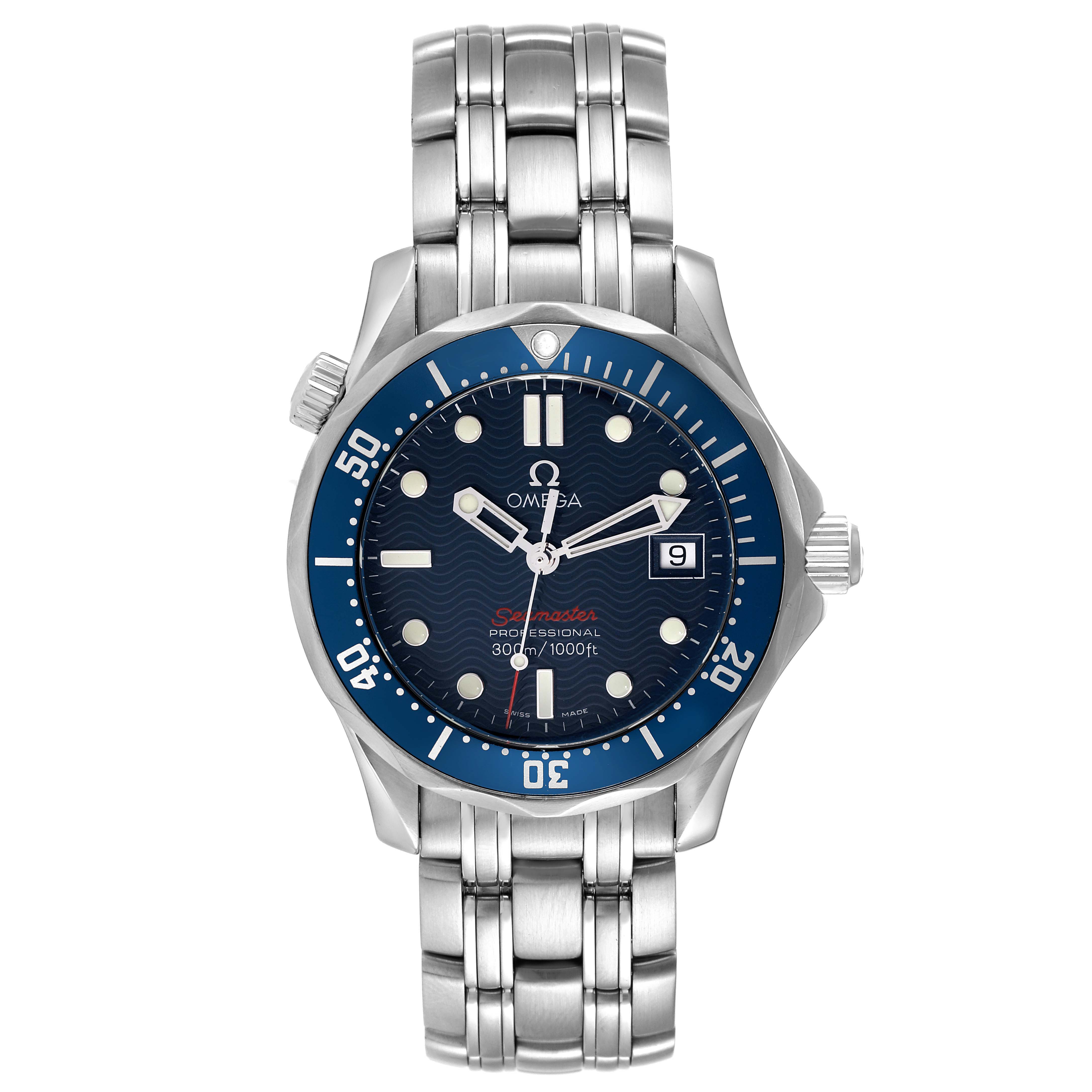 The image shows a front view of the Omega Seamaster 2223.80.00 Men's Stainless Steel Blue Dial 2223.80.00 Men's Stainless Steel Blue Dial watch, highlighting its dial, bezel, and bracelet.