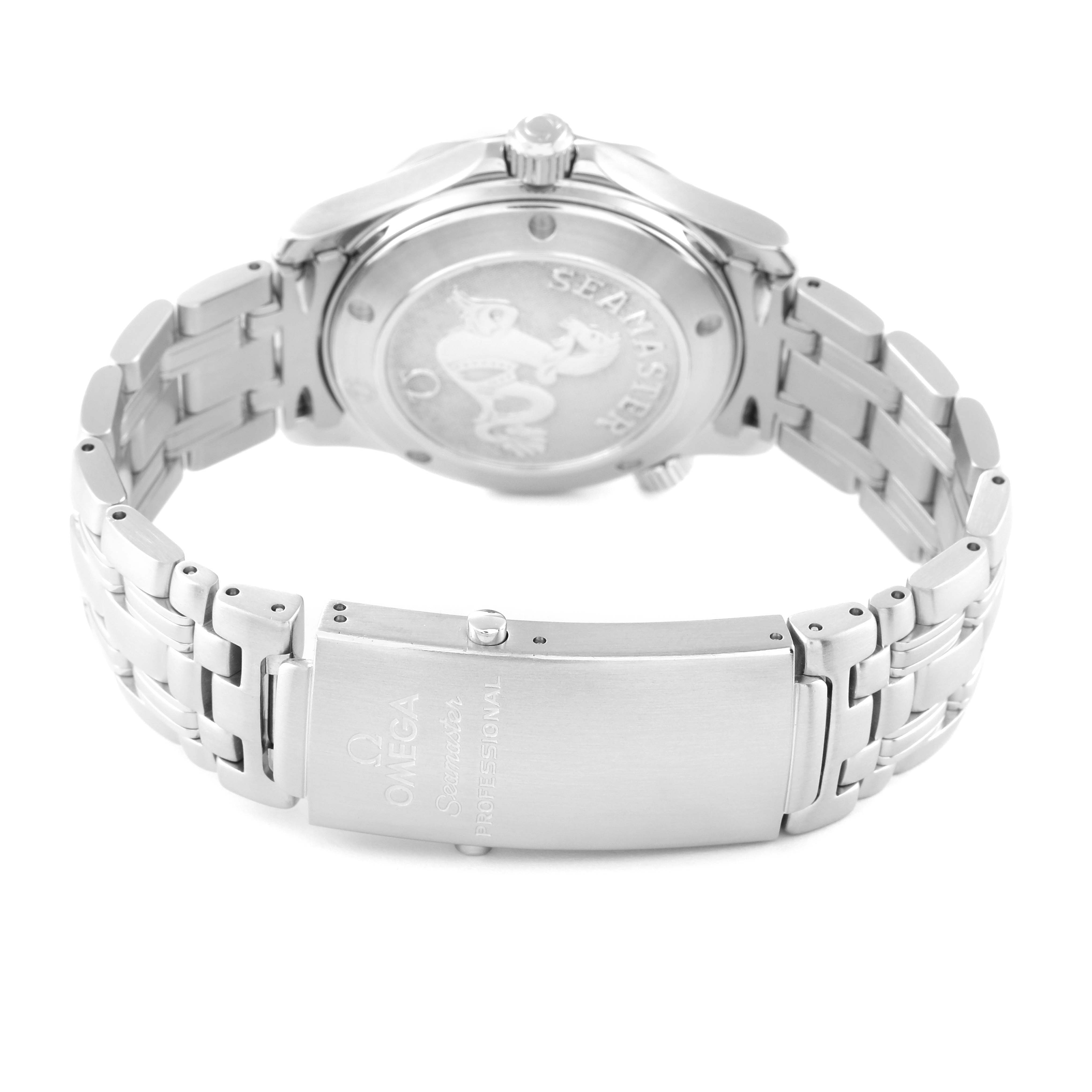 This image shows the back of an Omega Seamaster 2223.80.00 Men's Stainless Steel Blue Dial 2223.80.00 Men's Stainless Steel Blue Dial watch, including the case back and the metal bracelet clasp.