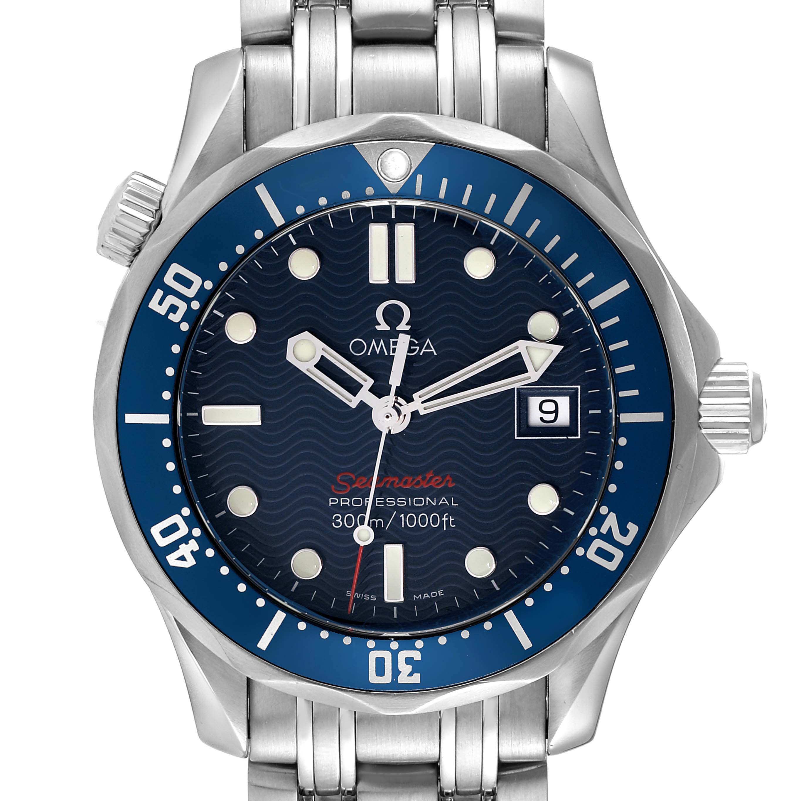 The image shows the face and bezel of the Omega Seamaster 2223.80.00 Men's Stainless Steel Blue Dial 2223.80.00 Men's Stainless Steel Blue Dial watch, with a blue dial and stainless steel bracelet.
