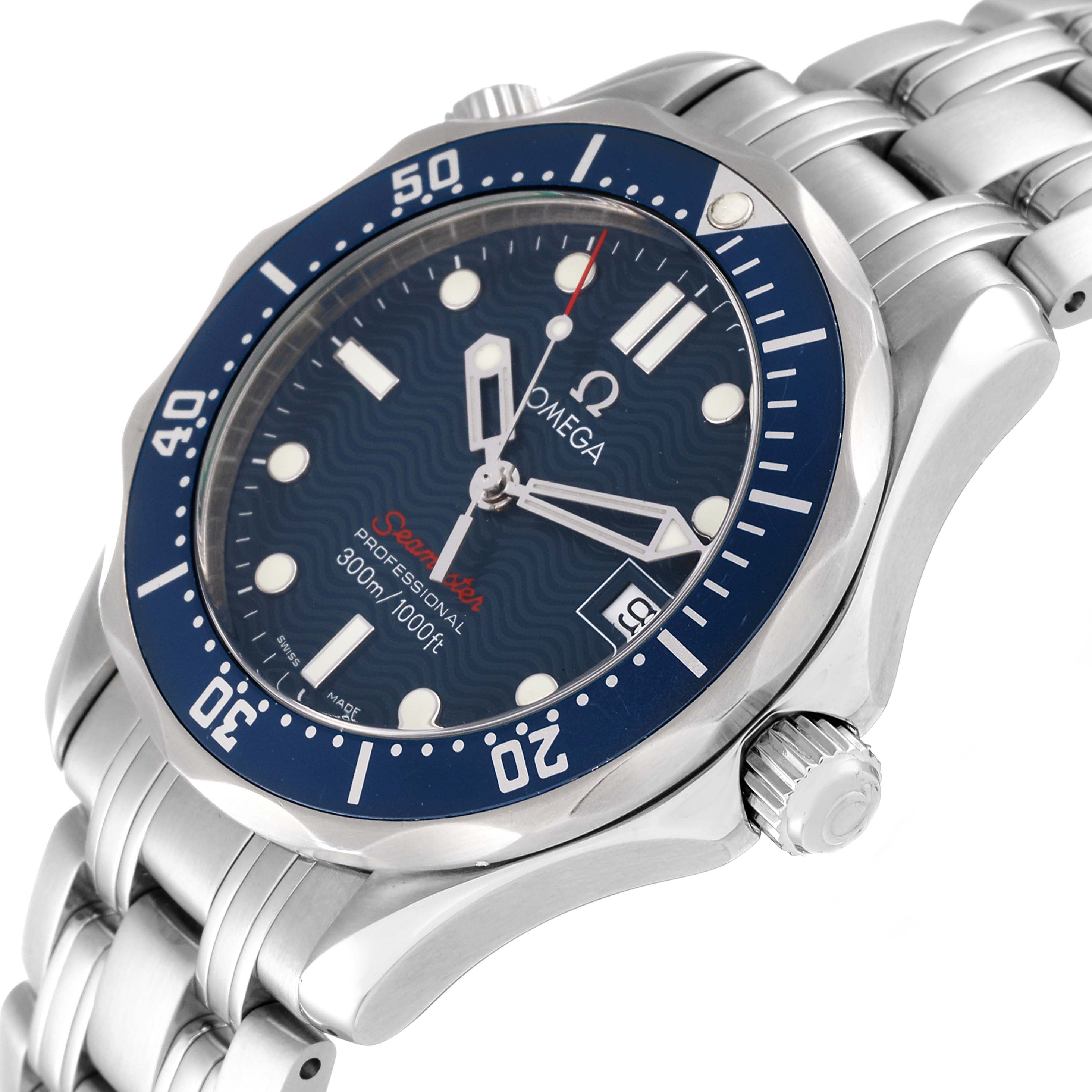 The image shows a close-up side angle of an Omega Seamaster 2223.80.00 Men's Stainless Steel Blue Dial 2223.80.00 Men's Stainless Steel Blue Dial watch, highlighting the face, bezel, and part of the bracelet.