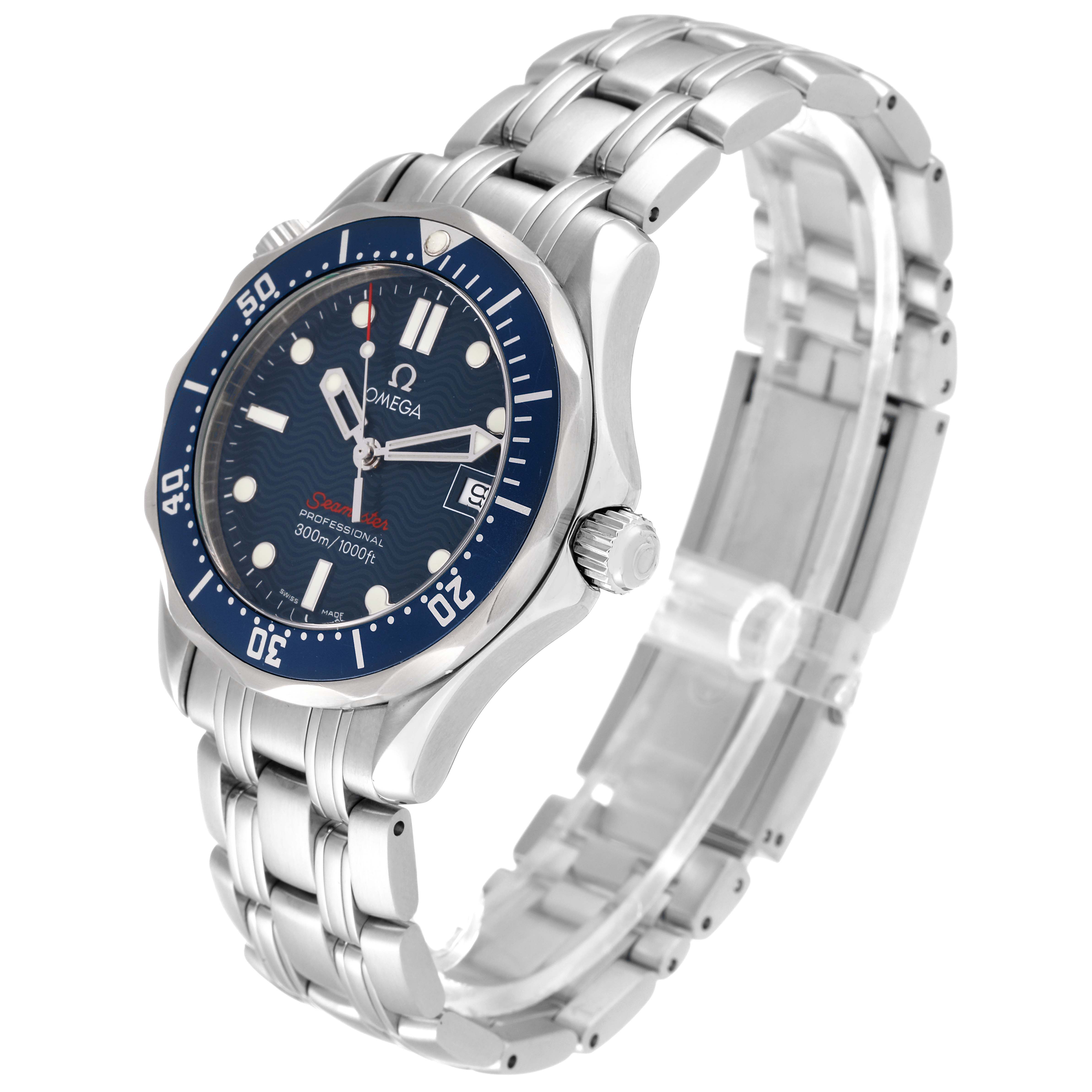 The Omega Seamaster 2223.80.00 Men's Stainless Steel Blue Dial 2223.80.00 Men's Stainless Steel Blue Dial watch is shown at a 3/4 angle, highlighting the bezel, face, crown, and stainless steel bracelet.