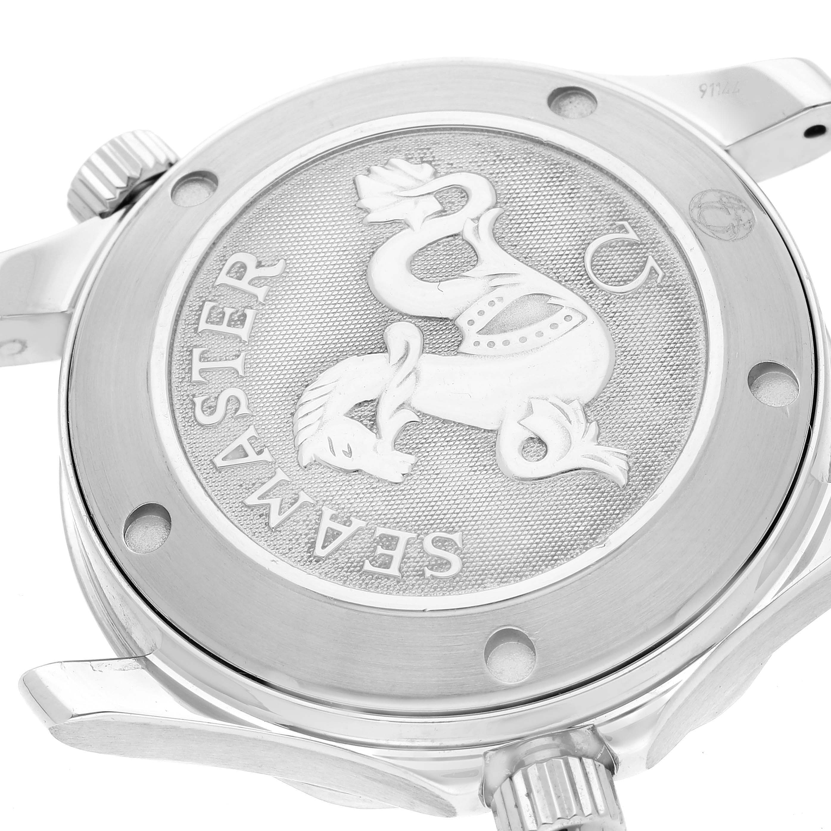 This image shows the back case of an Omega Seamaster 2223.80.00 Men's Stainless Steel Blue Dial 2223.80.00 Men's Stainless Steel Blue Dial watch, featuring the Seamaster logo.