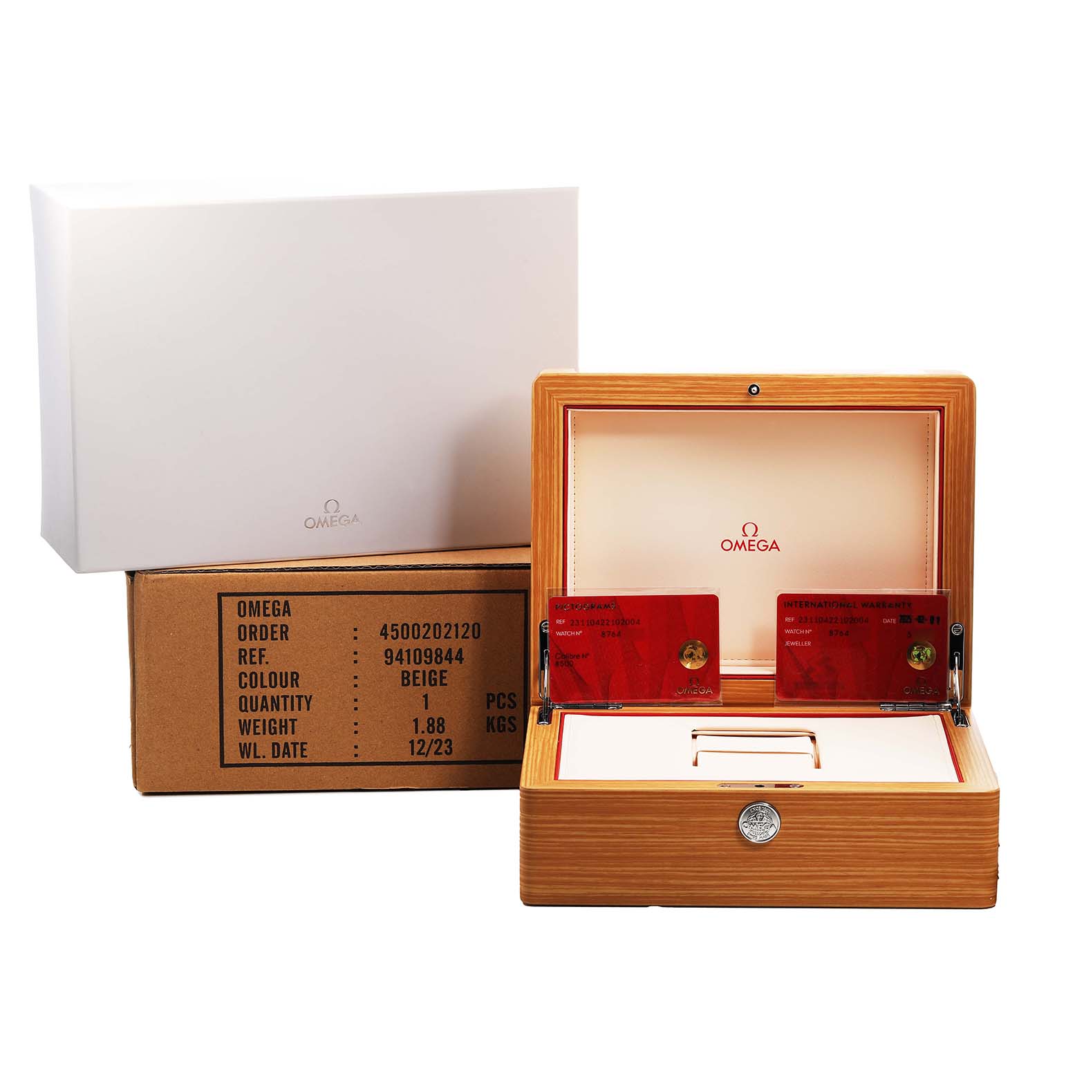 The image shows an Omega Aqua Terra 231.10.42.21.02.004 Men's Stainless Steel Silver Dial watch's packaging, including a wooden box and certificates displayed at a frontal angle.