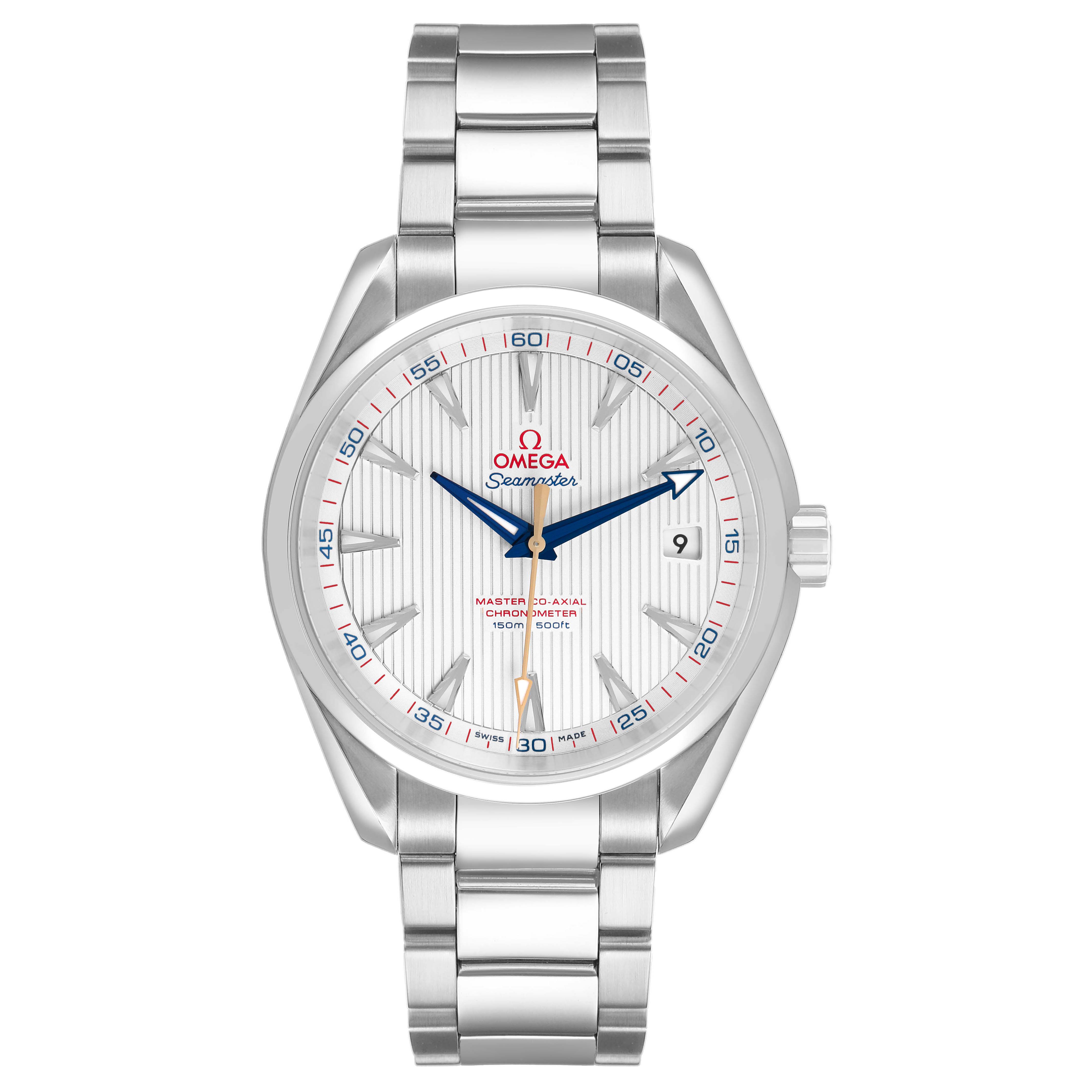 The Omega Aqua Terra 231.10.42.21.02.004 Men's Stainless Steel Silver Dial watch is shown from a front angle, highlighting its dial, stainless steel bracelet, and crown.