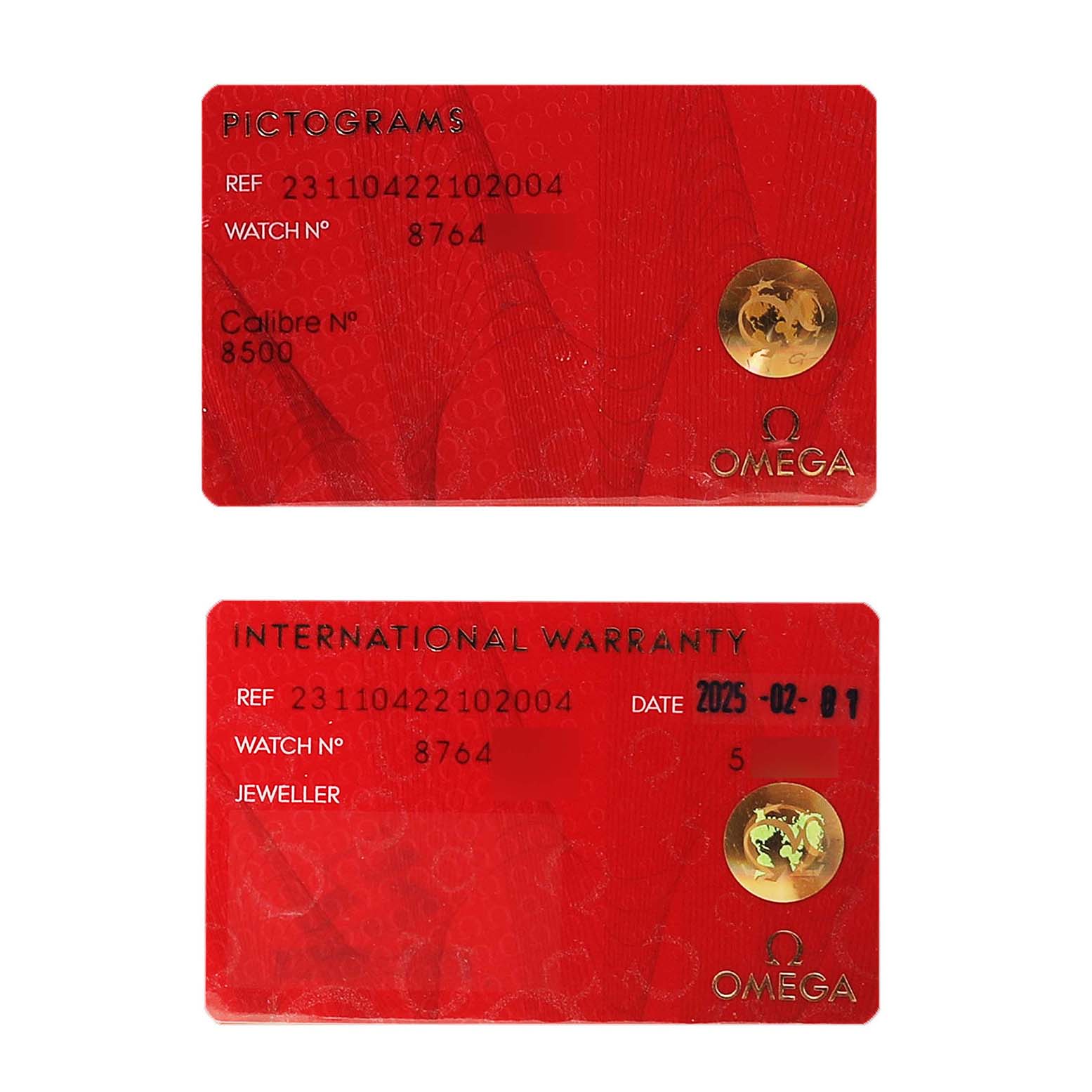 The image shows two red cards for the Omega Aqua Terra 231.10.42.21.02.004 Men's Stainless Steel Silver Dial: a Pictograms card and an International Warranty card.