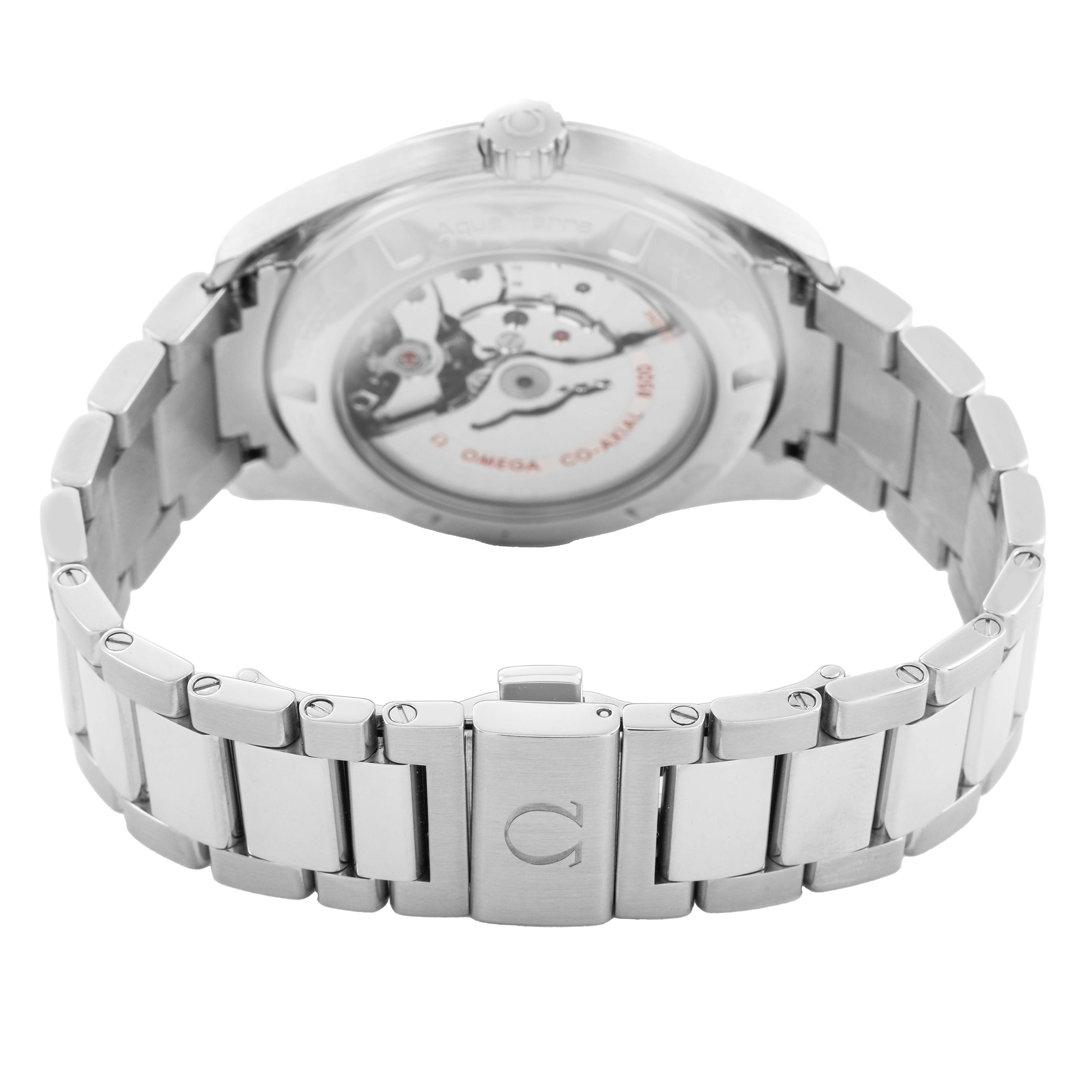 The watch, Omega Aqua Terra 231.10.42.21.02.004 Men's Stainless Steel Silver Dial, is shown from the back, highlighting the movement and bracelet clasp.