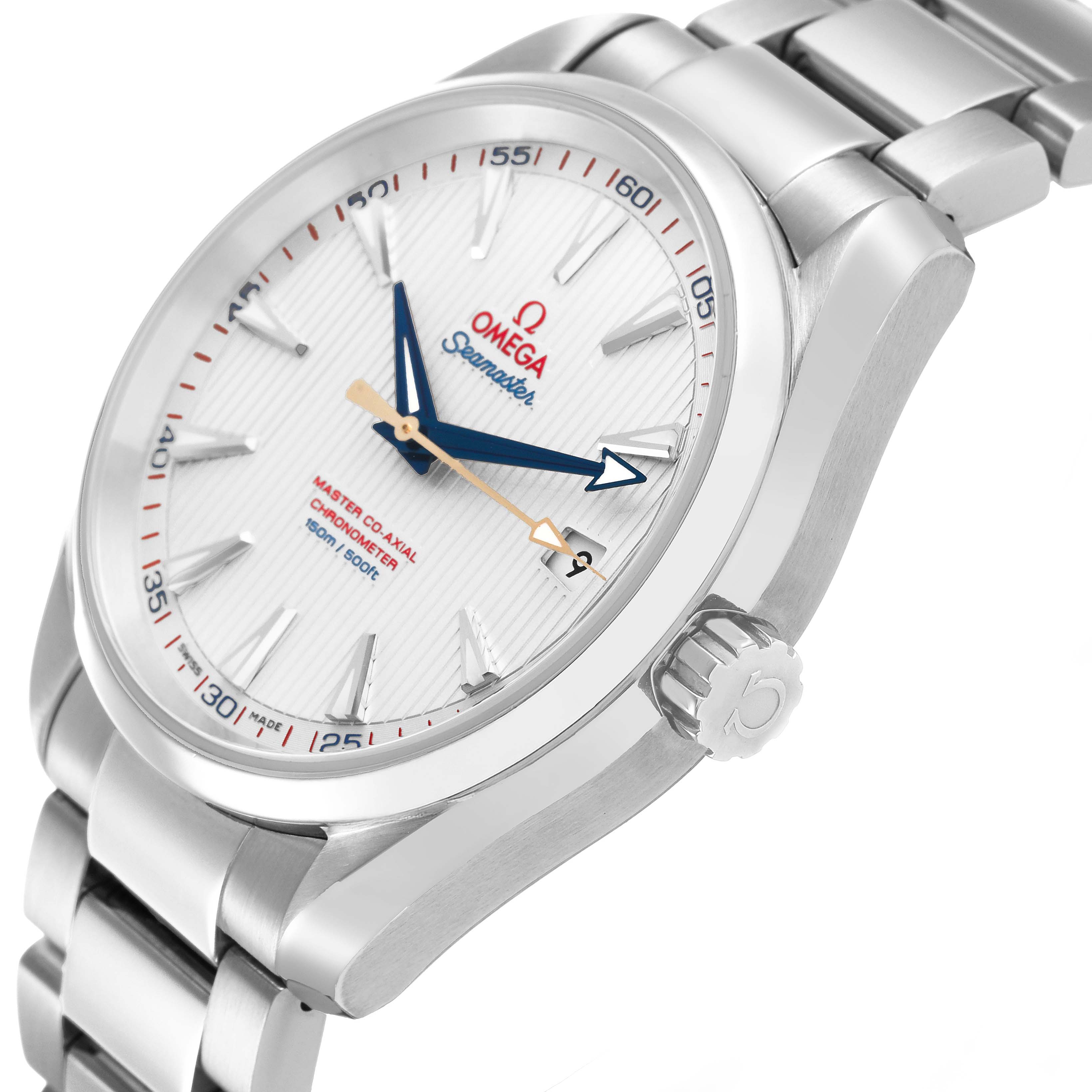 The image shows an Omega Aqua Terra 231.10.42.21.02.004 Men's Stainless Steel Silver Dial watch from a slight side angle, highlighting the dial, hands, case, and part of the bracelet.
