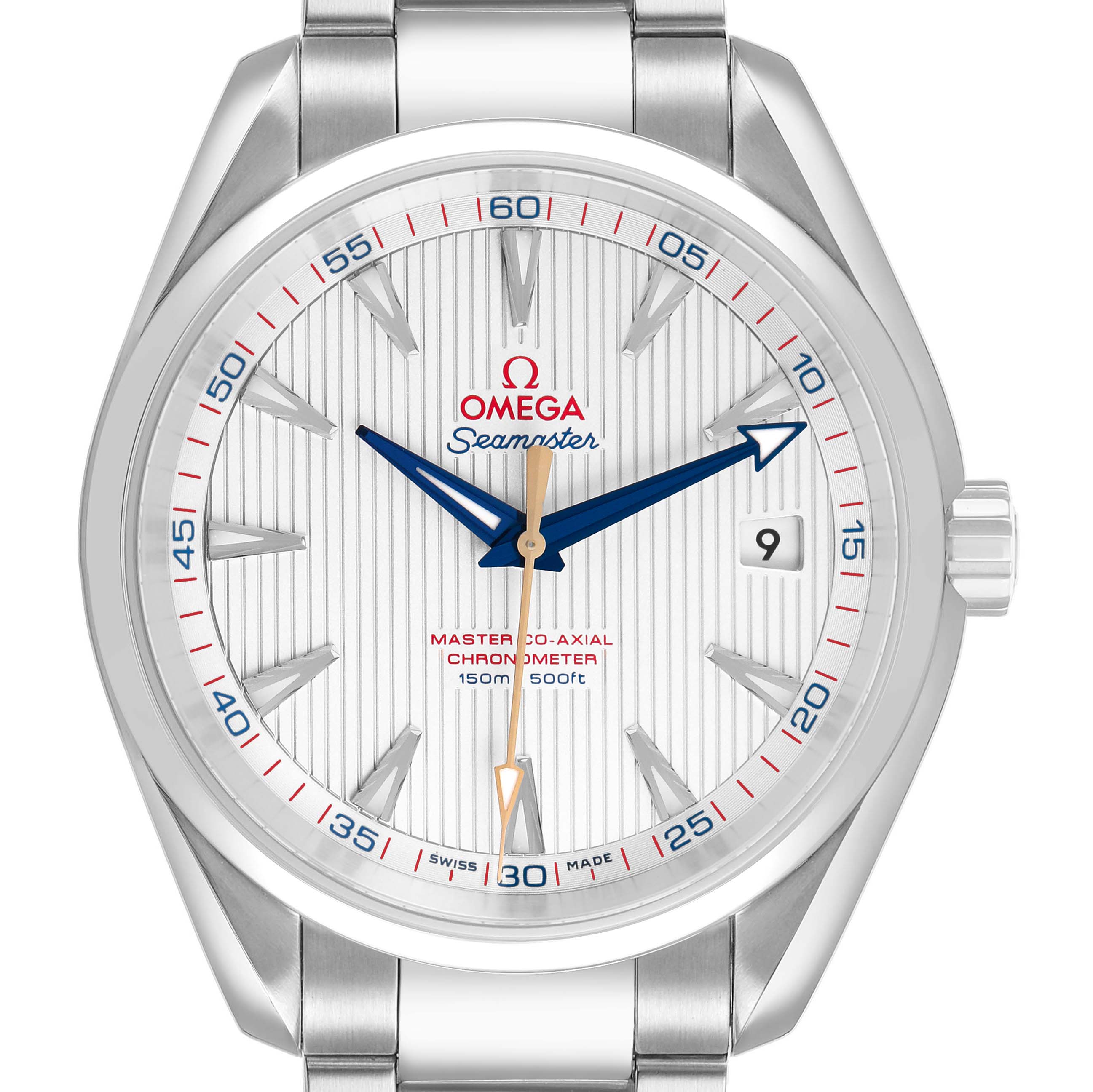 The image shows a front view of an Omega Aqua Terra 231.10.42.21.02.004 Men's Stainless Steel Silver Dial watch, highlighting the dial, hands, and date window.