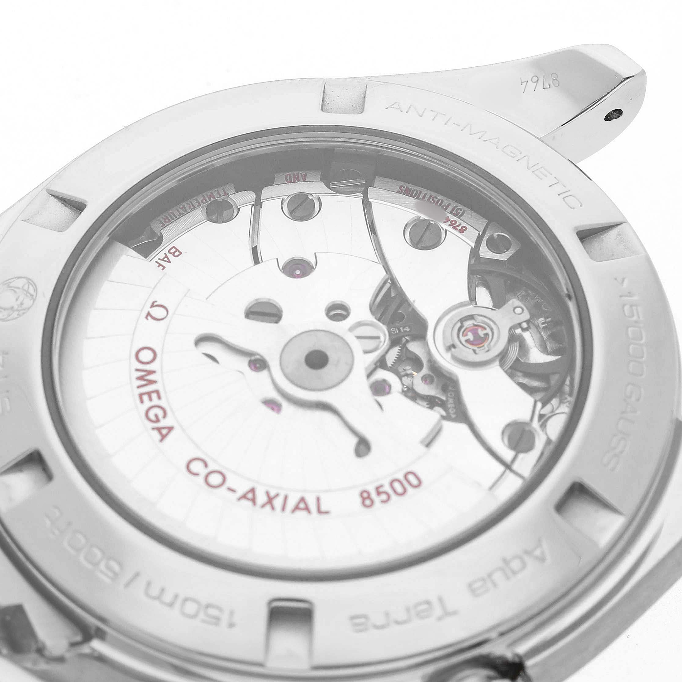 The image shows the back view of the Omega Aqua Terra 231.10.42.21.02.004 Men's Stainless Steel Silver Dial watch, featuring its Co-Axial 8500 movement.
