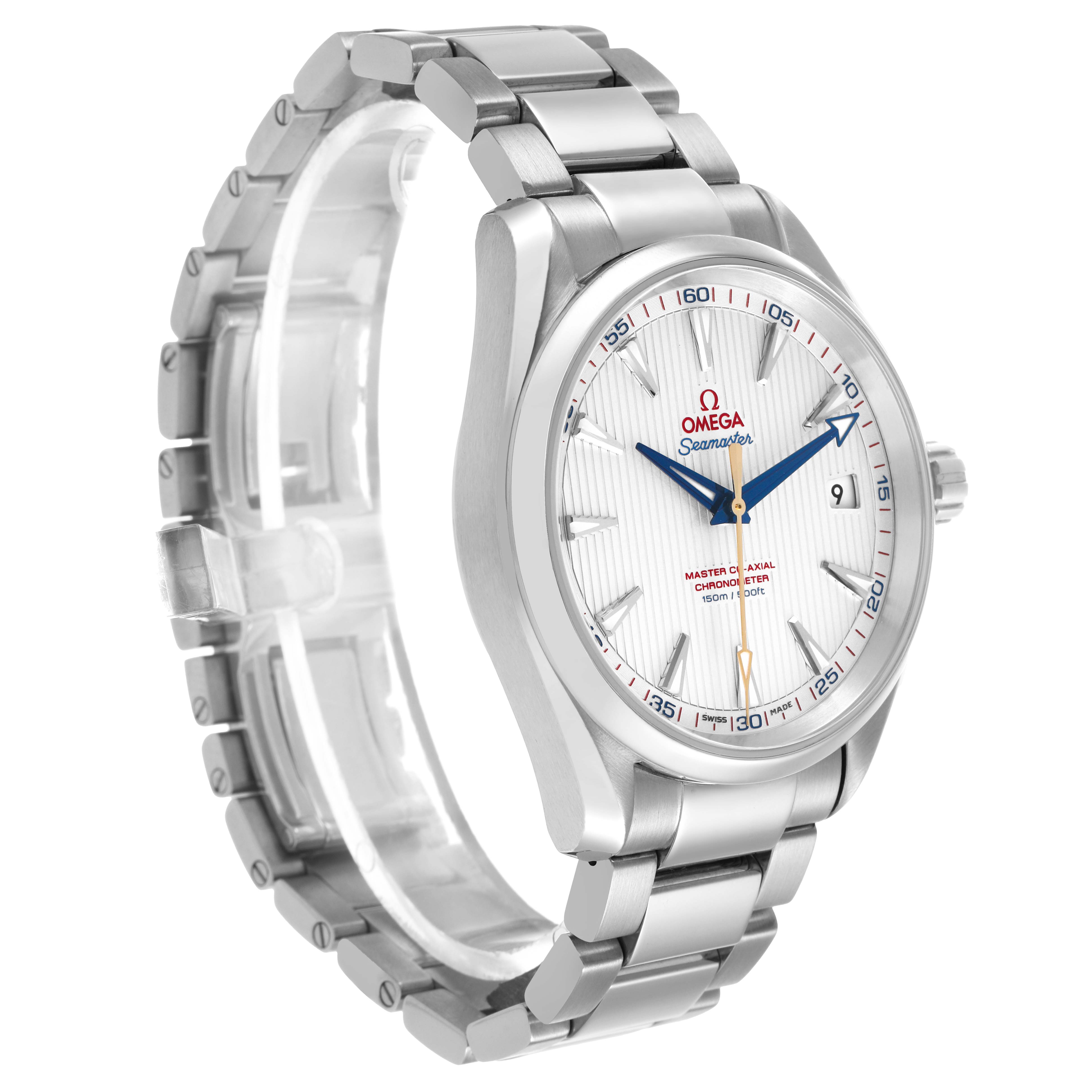 The Omega Aqua Terra 231.10.42.21.02.004 Men's Stainless Steel Silver Dial watch is shown in a three-quarter view, highlighting its dial, case, and metal bracelet.