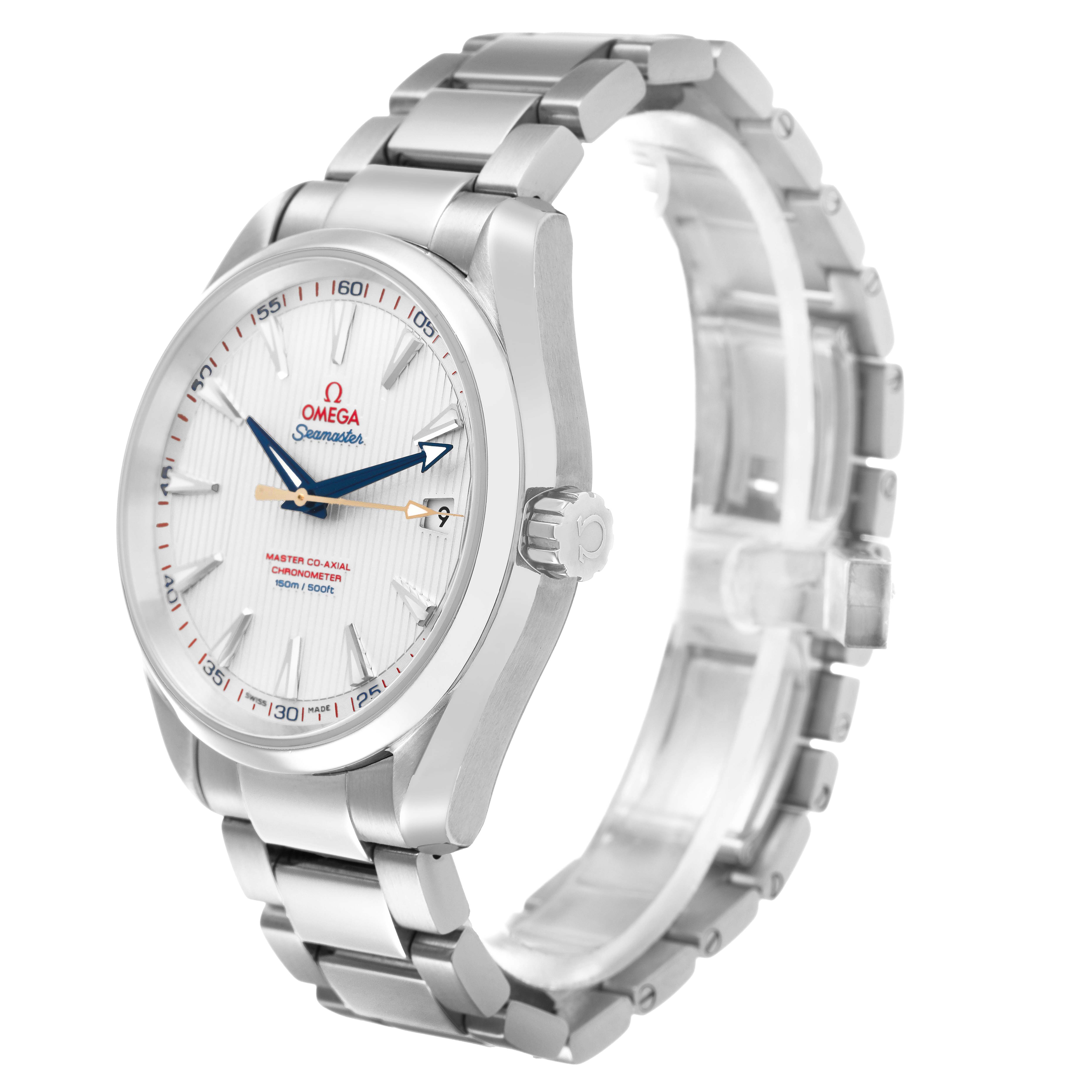 The Omega Aqua Terra 231.10.42.21.02.004 Men's Stainless Steel Silver Dial watch is shown at a three-quarter angle, displaying its bracelet, case, and crown.