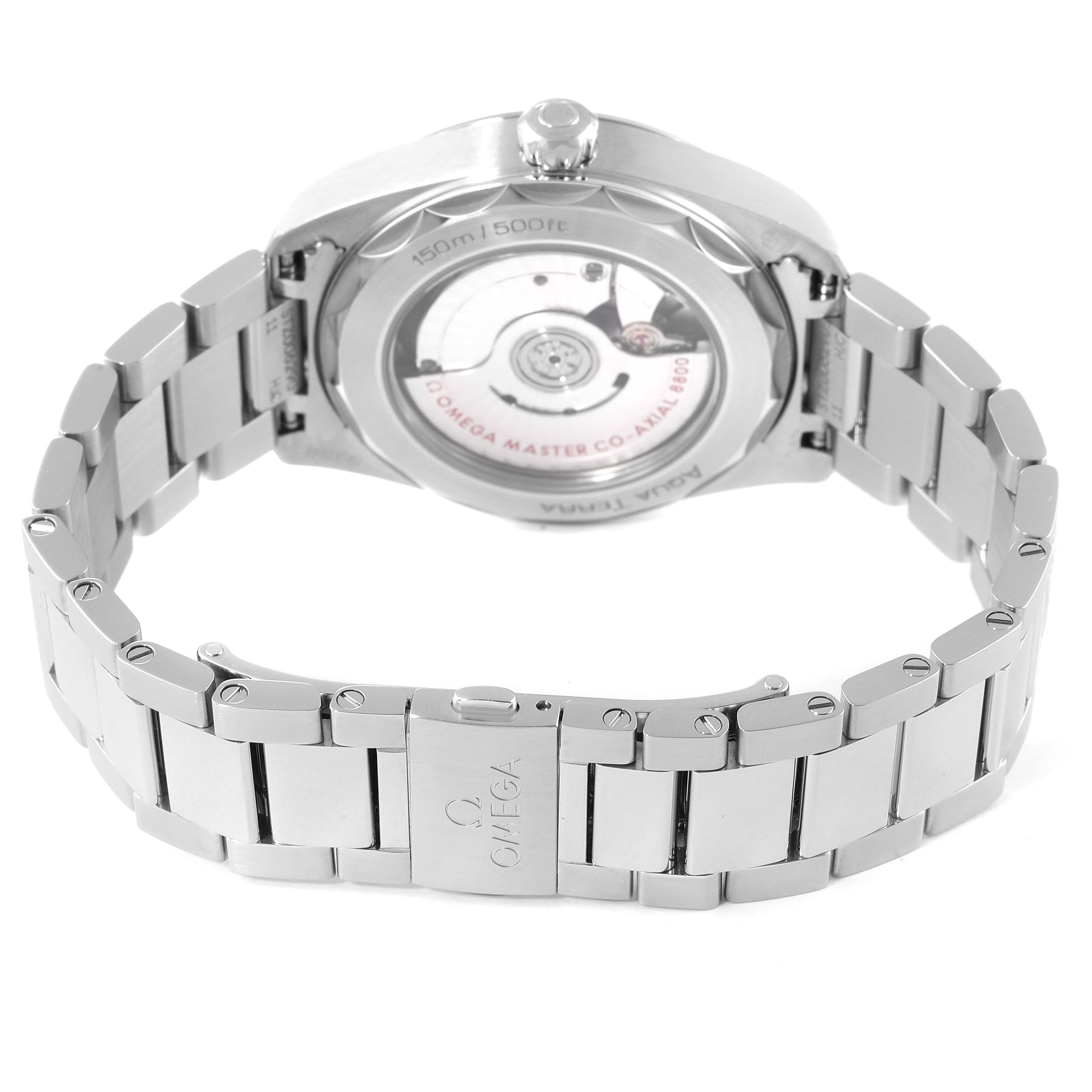 This image shows the back case and bracelet of the Omega Aqua Terra 220.10.38.20.02.001 Men
s Stainless Steel Silver Dial 220.10.38.20.02.001 Men
s Stainless Steel Silver Dial watch, highlighting the transparent case back and clasp.