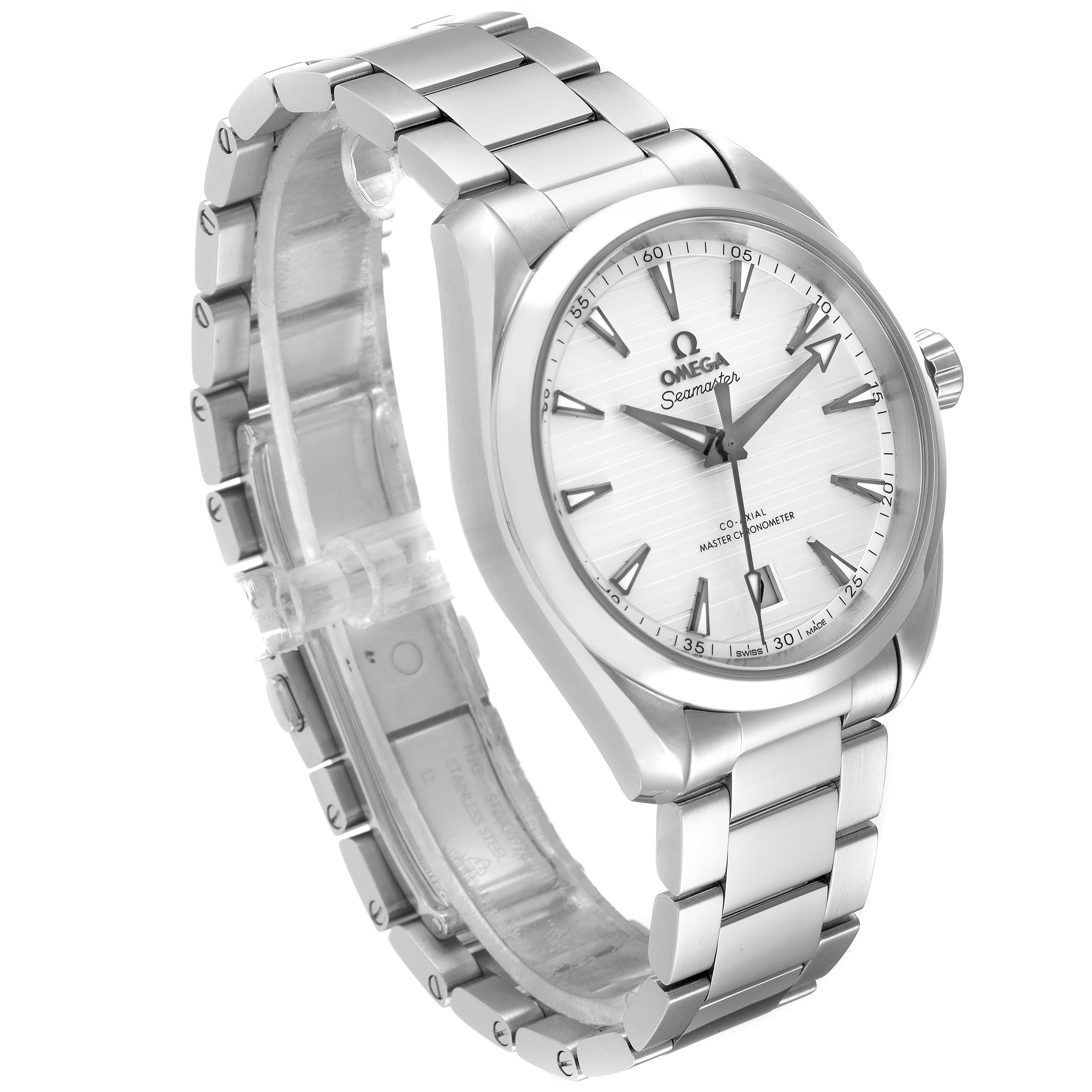 The image shows an Omega Aqua Terra 220.10.38.20.02.001 Men
s Stainless Steel Silver Dial 220.10.38.20.02.001 Men
s Stainless Steel Silver Dial watch at a three-quarter angle, displaying the face, bezel, crown, and metal bracelet.