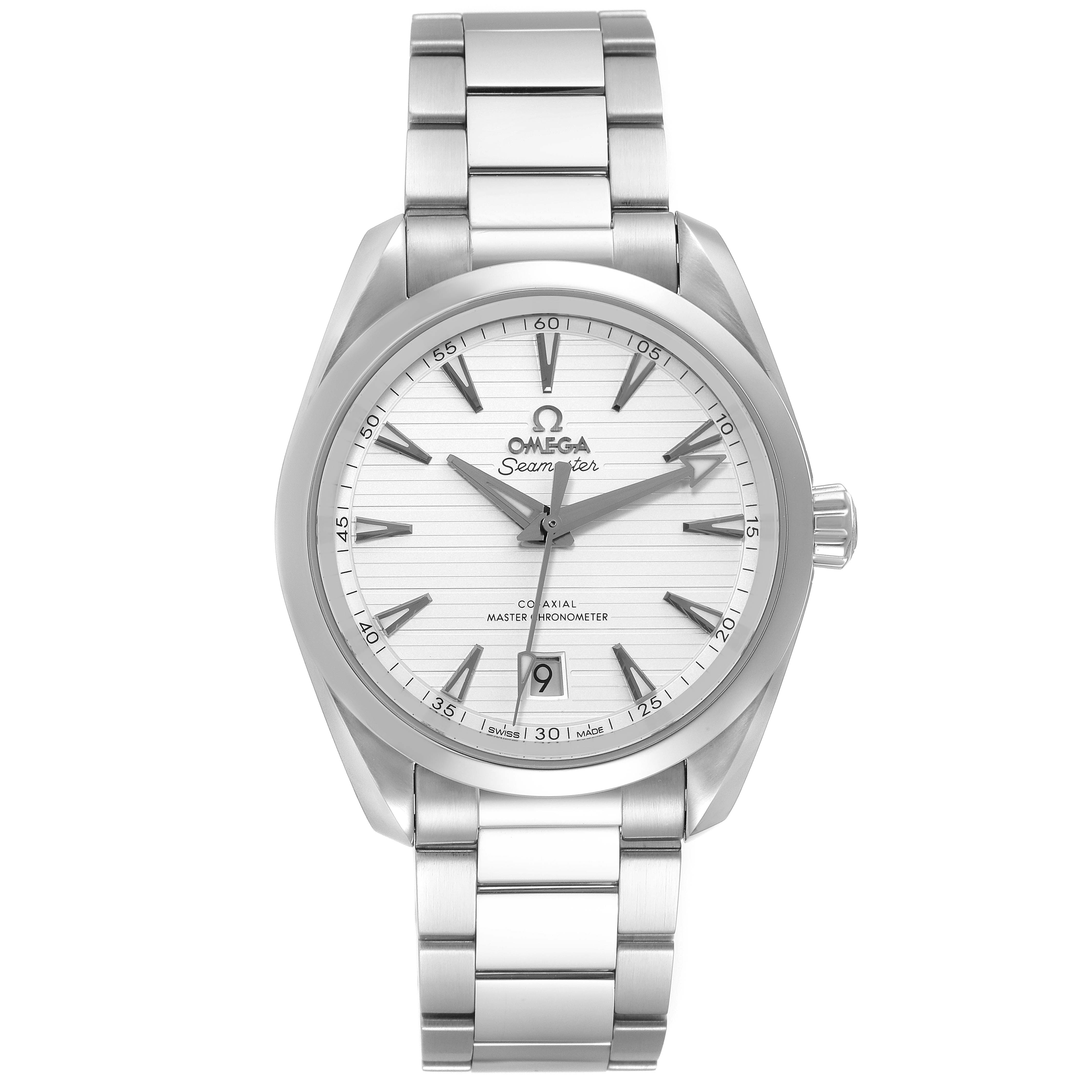 The image shows a front view of the Omega Seamaster Aqua Terra watch, featuring its face, bezel, and bracelet.