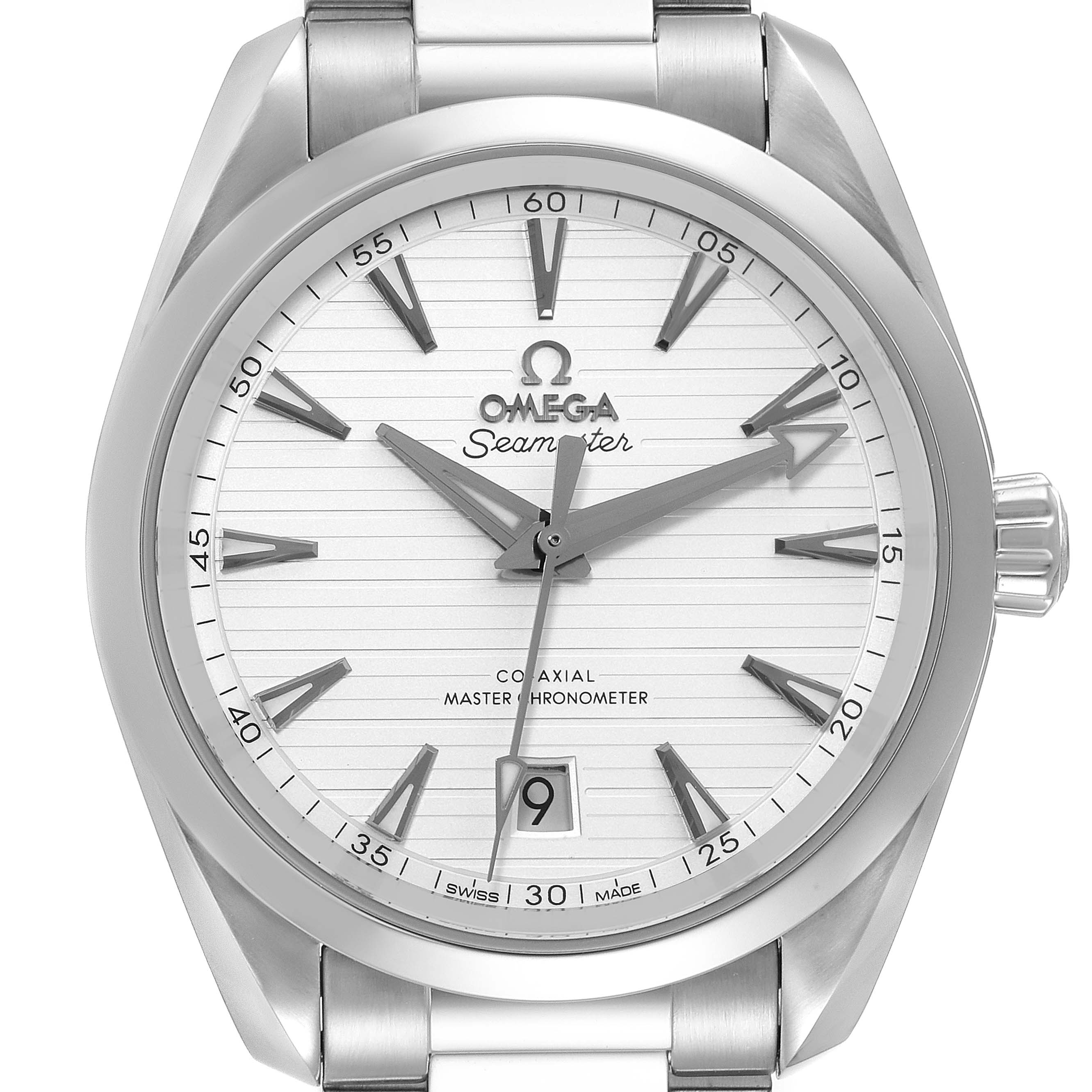 The image shows a front view of the Omega Aqua Terra 220.10.38.20.02.001 Men
s Stainless Steel Silver Dial 220.10.38.20.02.001 Men
s Stainless Steel Silver Dial model watch, highlighting its dial, hands, and date window.
