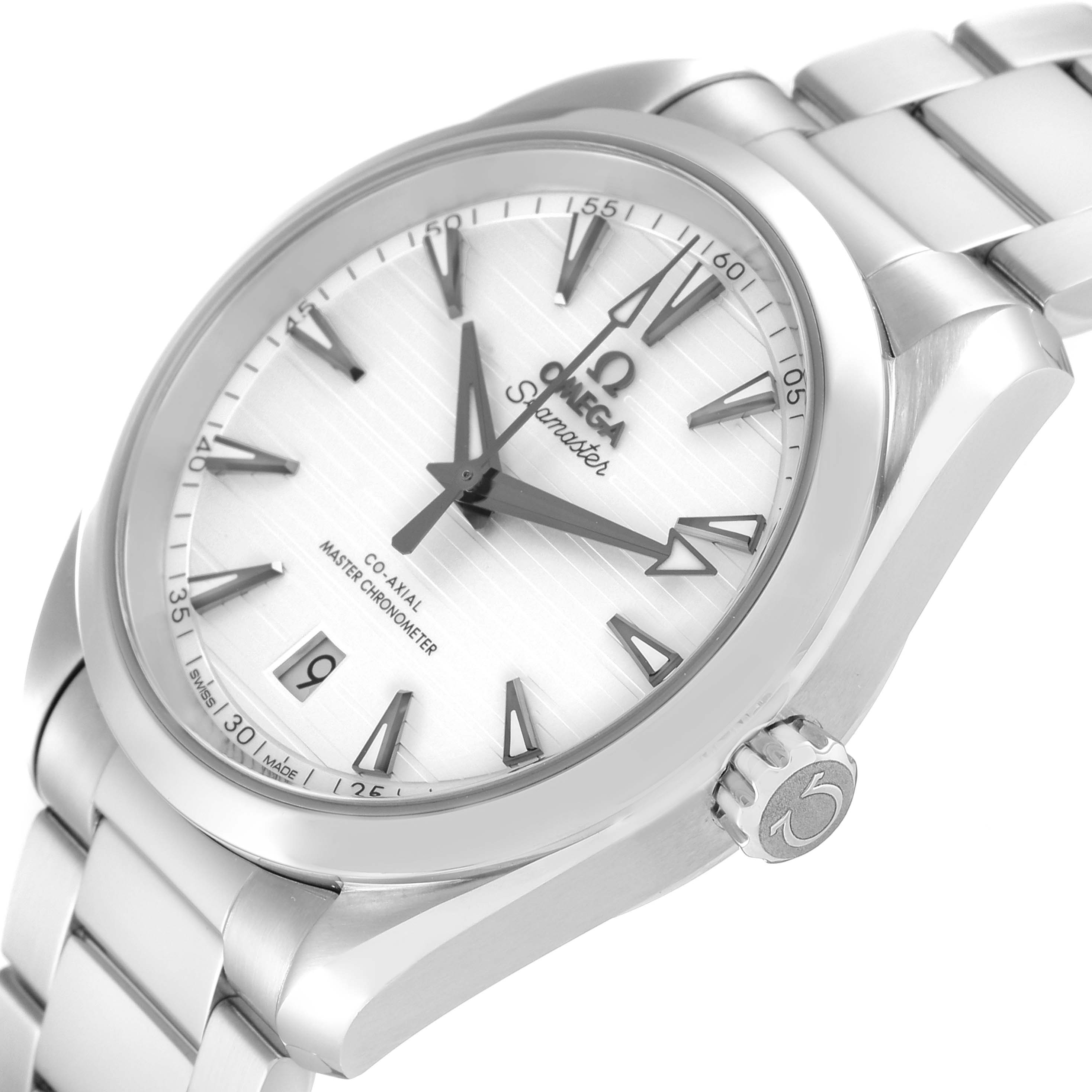 This image shows an angled close-up of the face and bracelet of the Omega Aqua Terra 220.10.38.20.02.001 Men
s Stainless Steel Silver Dial 220.10.38.20.02.001 Men
s Stainless Steel Silver Dial watch, highlighting its dial and crown.