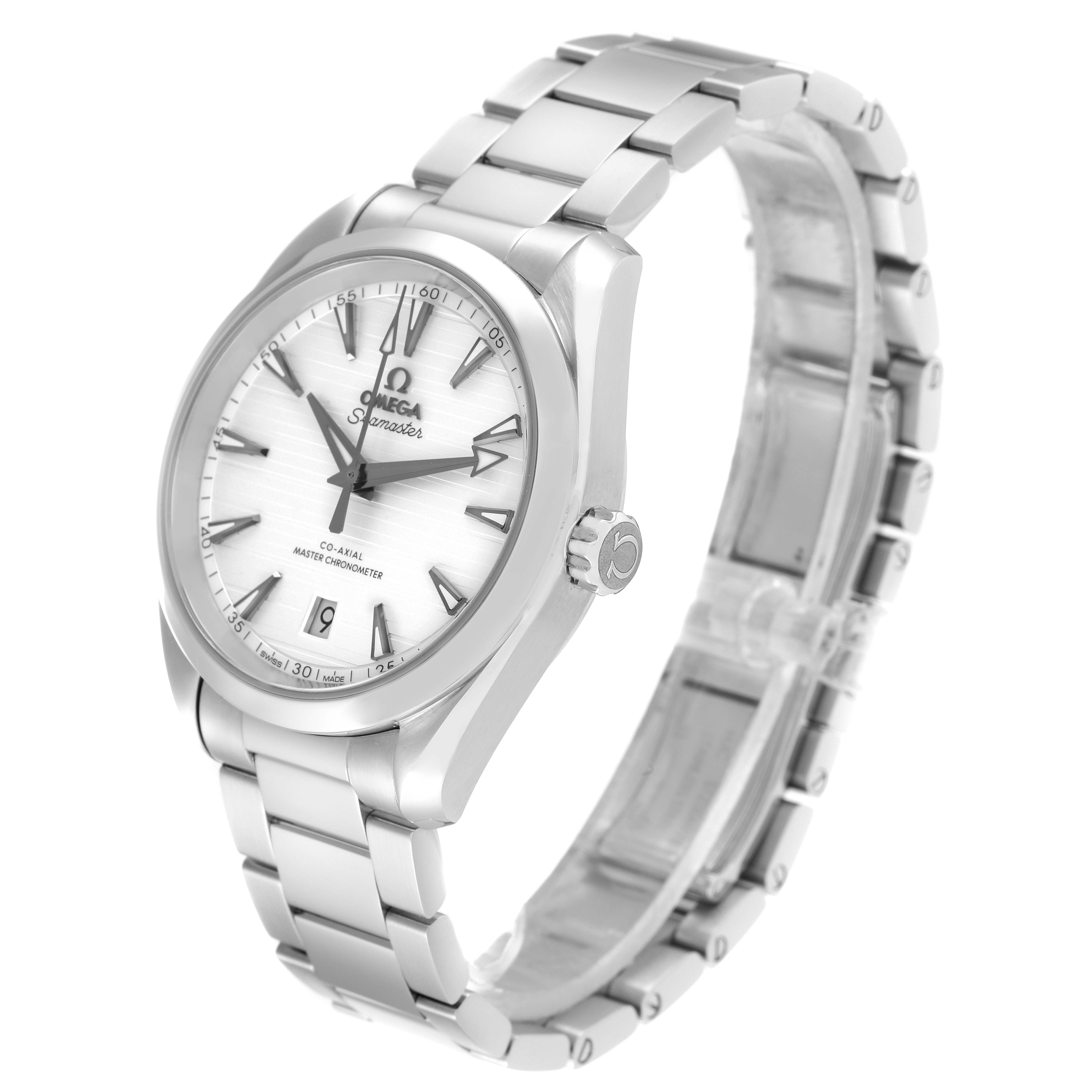 The image shows the Omega Aqua Terra 220.10.38.20.02.001 Men
s Stainless Steel Silver Dial 220.10.38.20.02.001 Men
s Stainless Steel Silver Dial watch at a three-quarter angle, highlighting the face, bracelet, and crown.