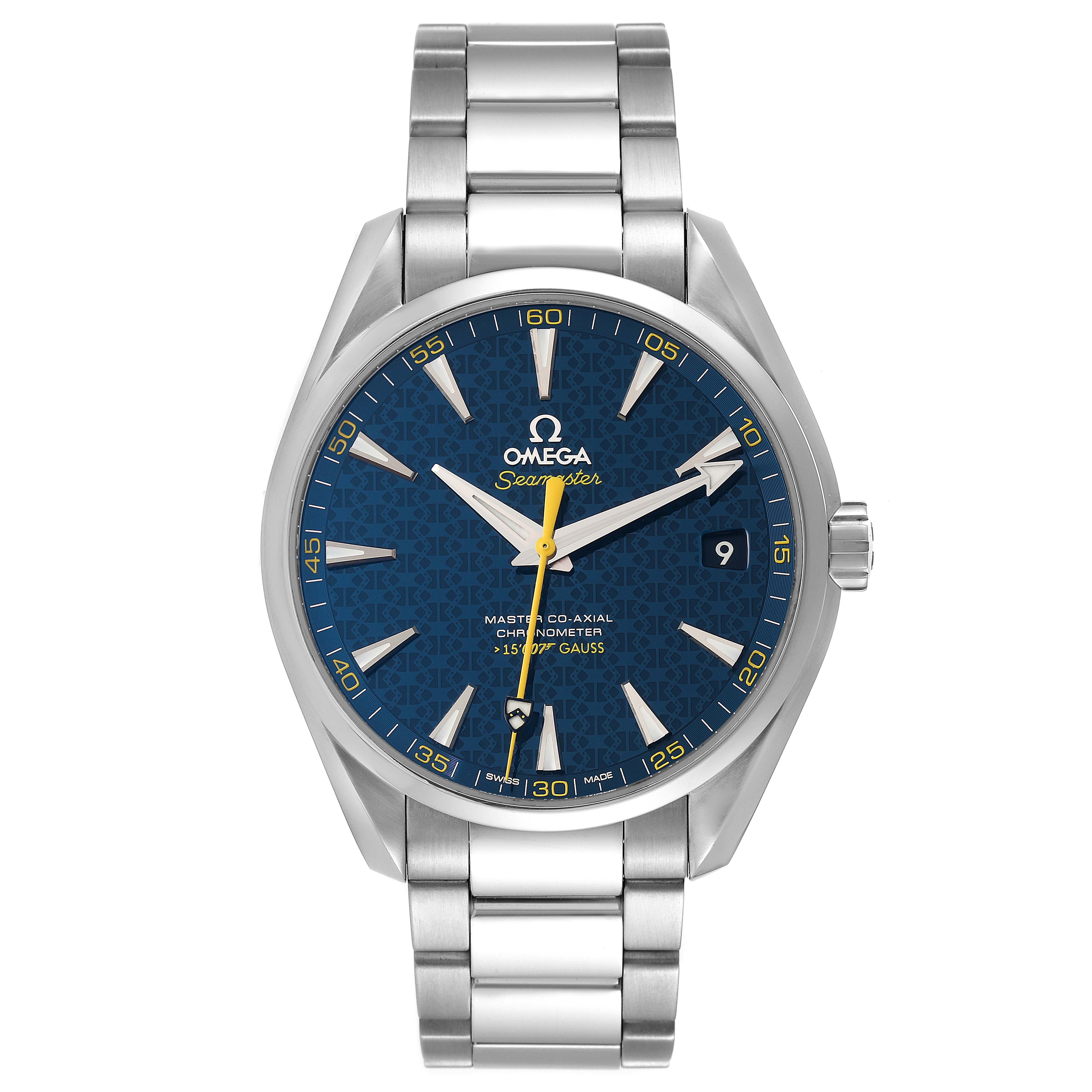 The image shows a frontal view of the Omega Aqua Terra 231.10.42.21.03.004 Men's Stainless Steel Blue Dial 231.10.42.21.03.004 Men's Stainless Steel Blue Dial watch, highlighting its stainless steel bracelet, blue dial, and date window.