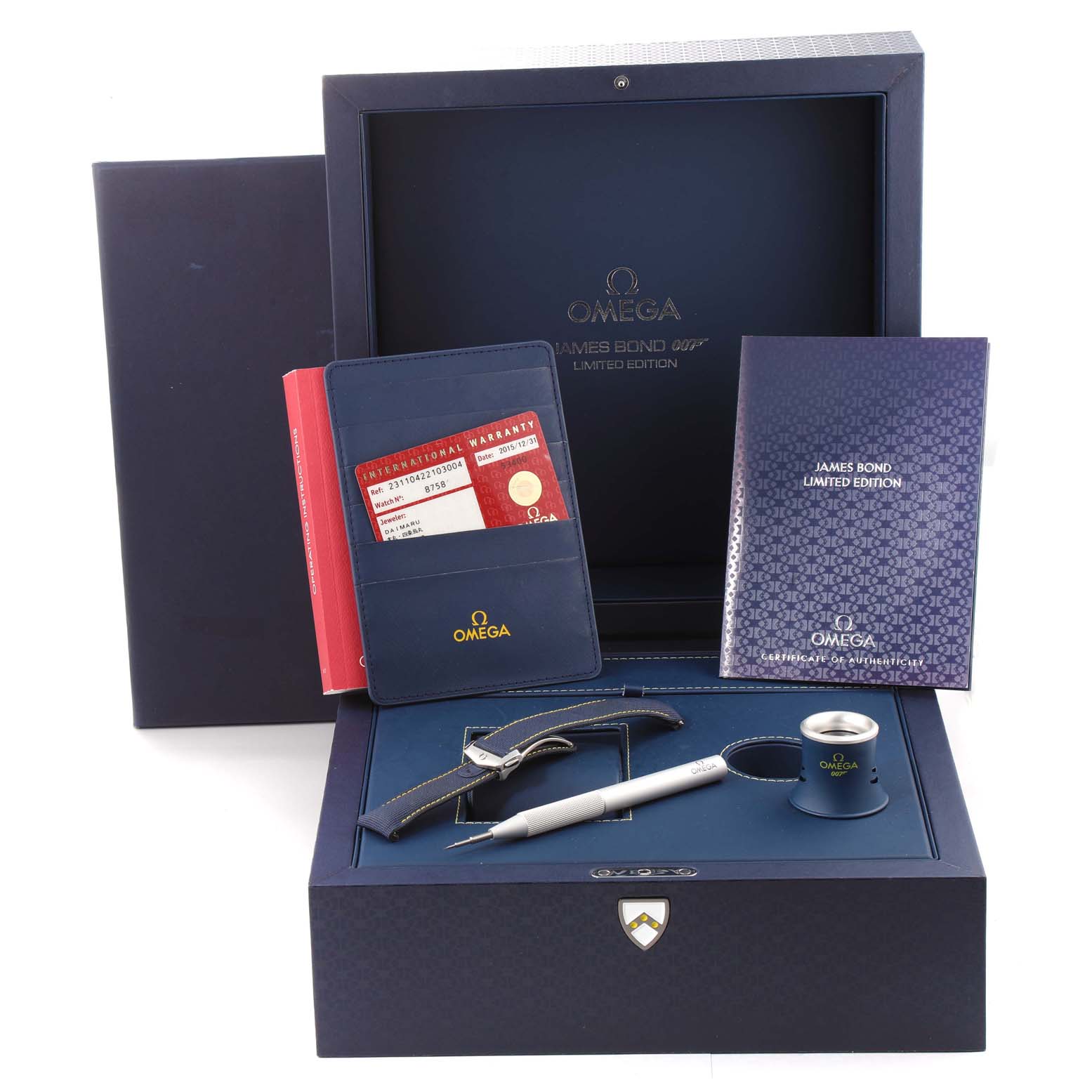 The Omega Aqua Terra 231.10.42.21.03.004 Men's Stainless Steel Blue Dial 231.10.42.21.03.004 Men's Stainless Steel Blue Dial watch accessories shown include a warranty card, cardholder, booklet, pen, loupe, strap, and presentation box.