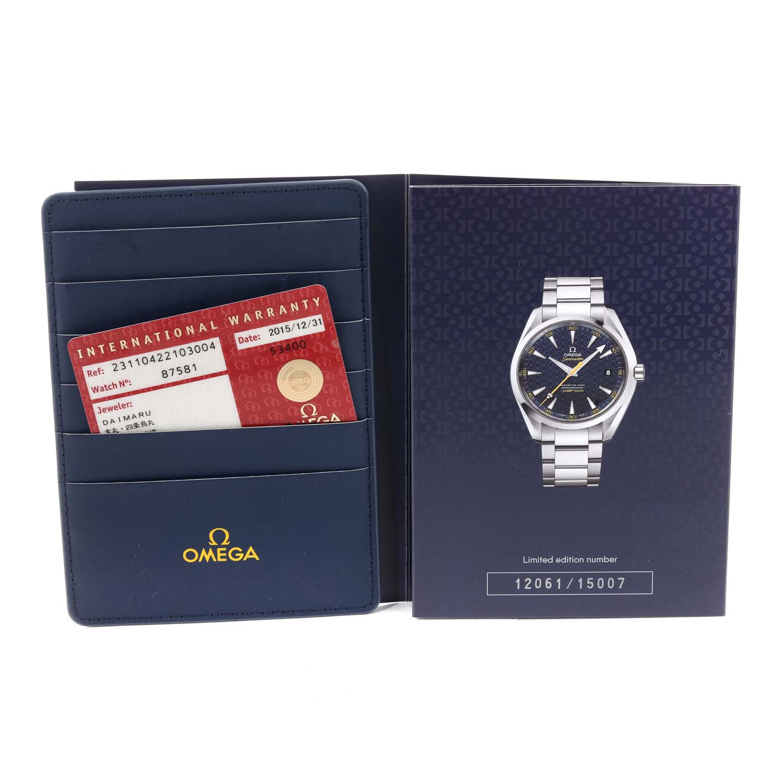 The image shows an Omega Aqua Terra 231.10.42.21.03.004 Men's Stainless Steel Blue Dial 231.10.42.21.03.004 Men's Stainless Steel Blue Dial watch booklet, a warranty card holder, and an international warranty card.