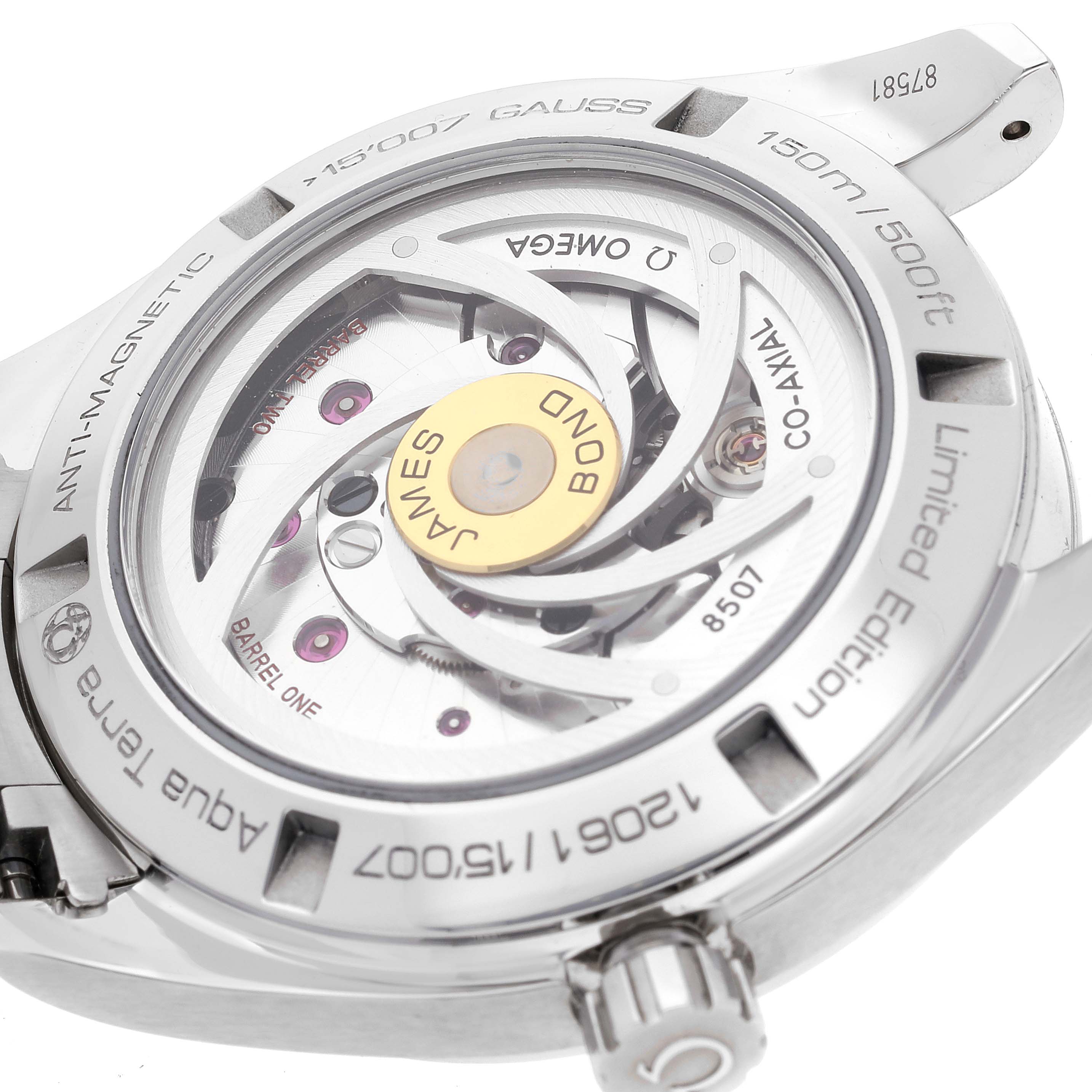 The image shows the back side of an Omega Aqua Terra 231.10.42.21.03.004 Men's Stainless Steel Blue Dial 231.10.42.21.03.004 Men's Stainless Steel Blue Dial watch, highlighting its movement and "James Bond" rotor text.