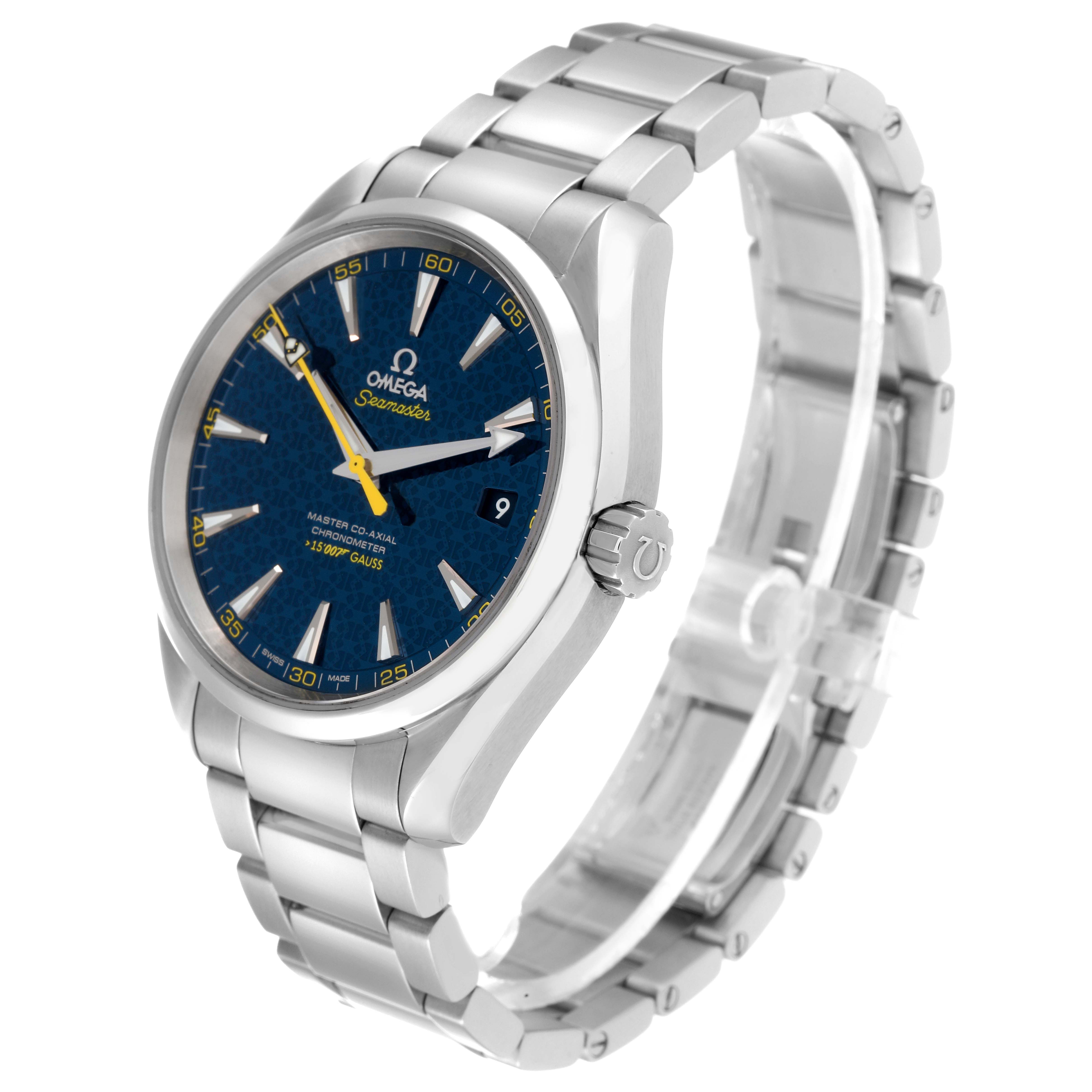 The Aqua Terra model by Omega is shown from an angled side view, highlighting the face, crown, and stainless steel bracelet.