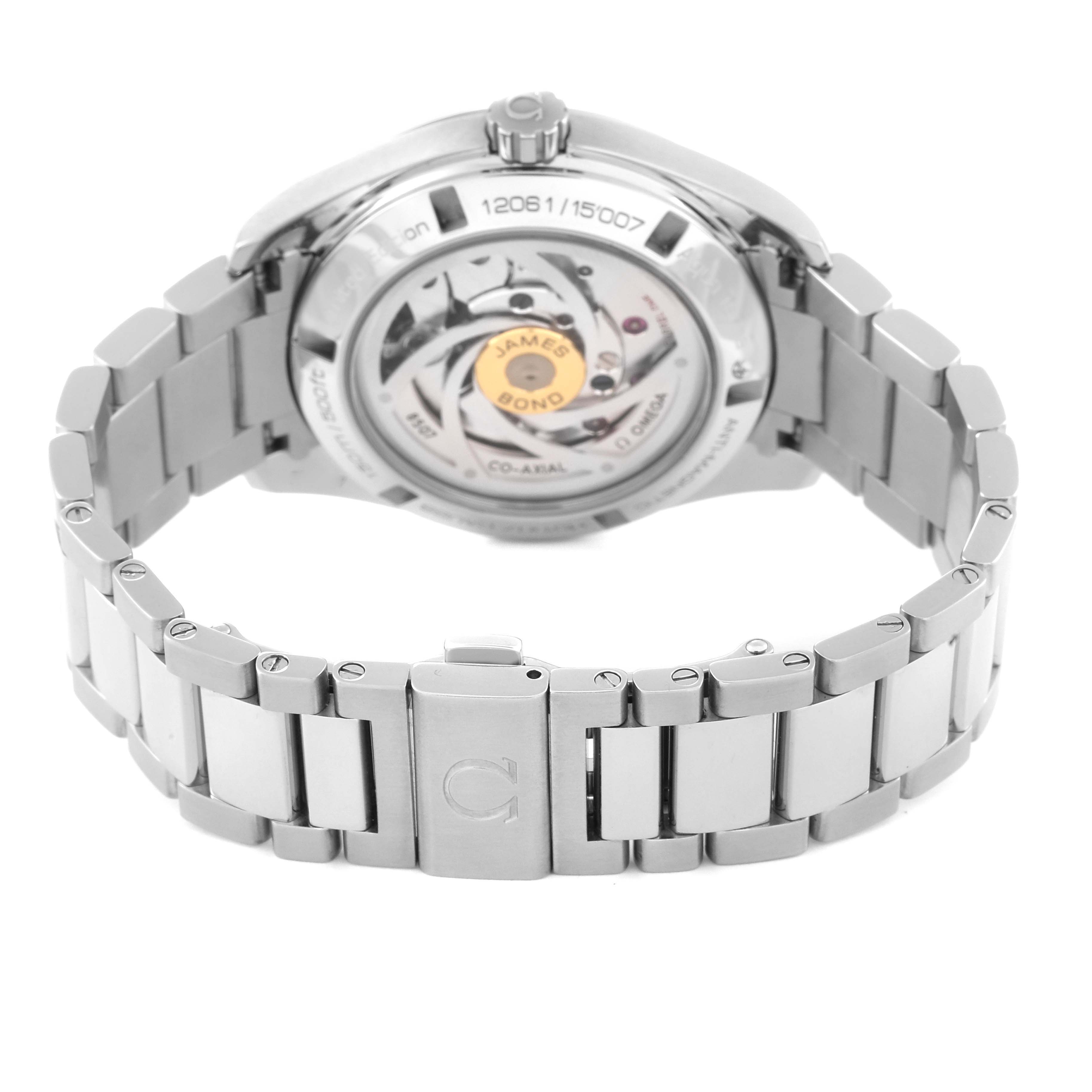 The image shows the back view of an Omega Aqua Terra 231.10.42.21.03.004 Men's Stainless Steel Blue Dial 231.10.42.21.03.004 Men's Stainless Steel Blue Dial watch, highlighting its bracelet and exposed movement.