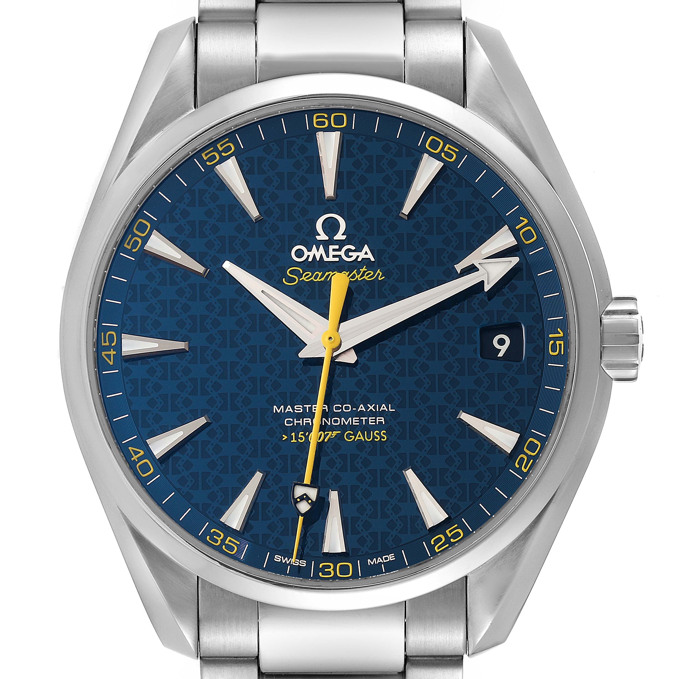 The image shows a front view of the Omega Aqua Terra 231.10.42.21.03.004 Men's Stainless Steel Blue Dial 231.10.42.21.03.004 Men's Stainless Steel Blue Dial model, highlighting its dial, hands, date window, and part of the bracelet.