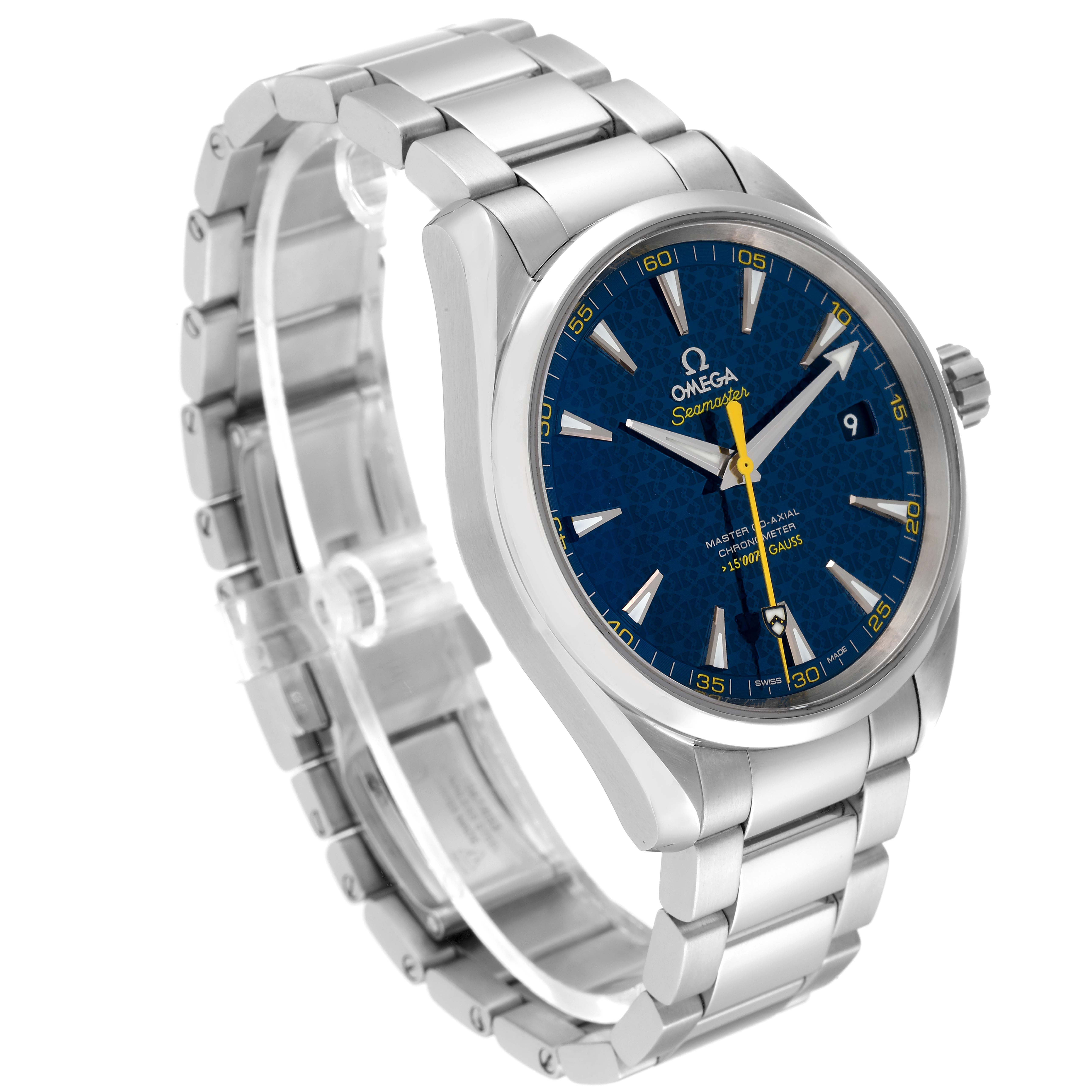 The Omega Aqua Terra 231.10.42.21.03.004 Men's Stainless Steel Blue Dial 231.10.42.21.03.004 Men's Stainless Steel Blue Dial watch is displayed at a three-quarter angle, showing the face, bezel, crown, and metal strap.