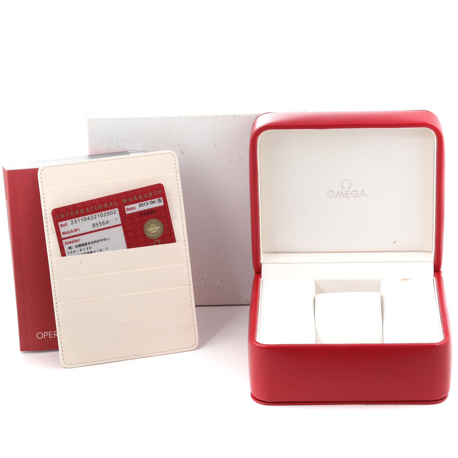 The image shows the Omega Aqua Terra 231.10.42.21.02.002 Men
s Stainless Steel Silver Dial 231.10.42.21.02.002 Men
s Stainless Steel Silver Dial watch accessories, including an open red box, a warranty card, and a cardholder.