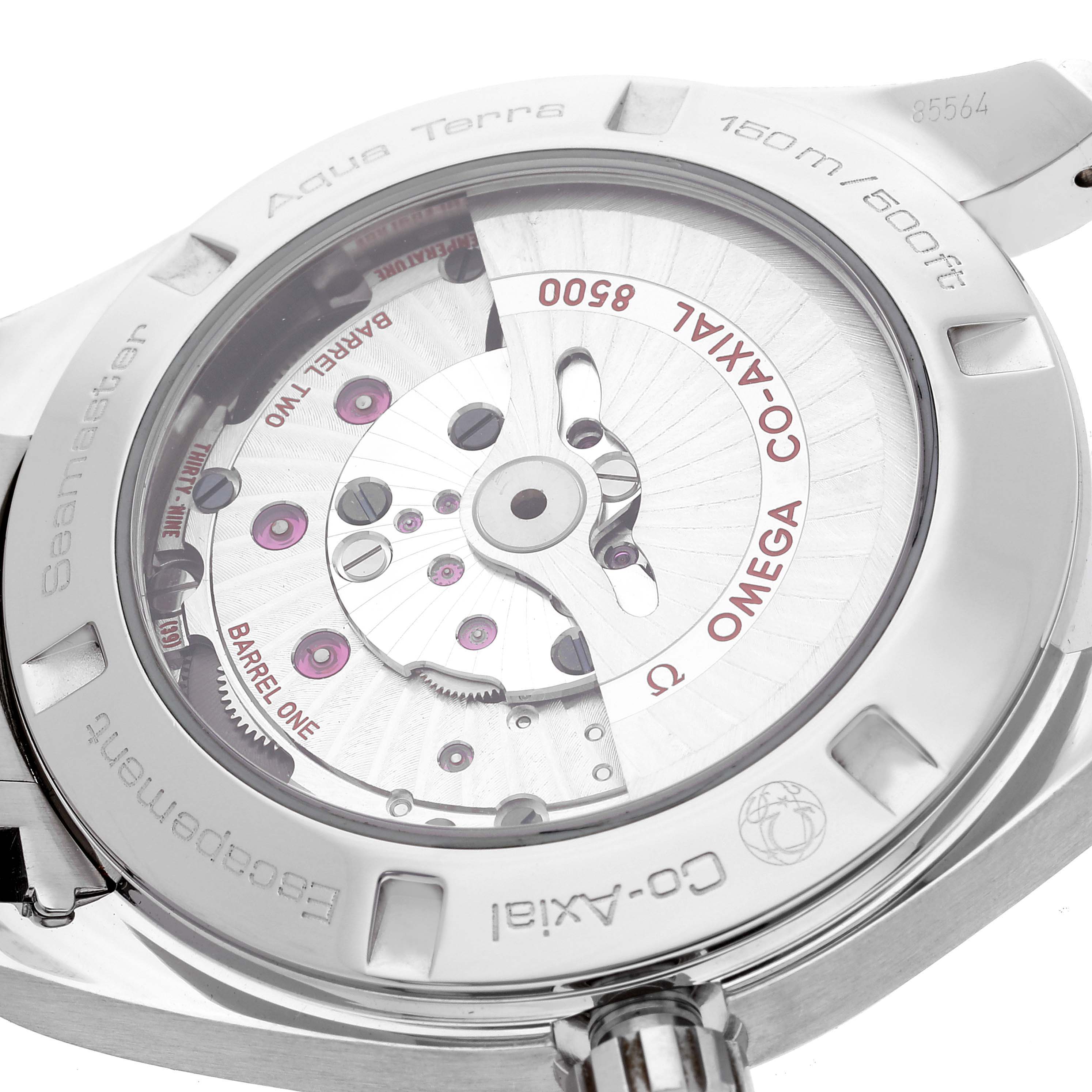 The image shows the back of an Omega Aqua Terra 231.10.42.21.02.002 Men
s Stainless Steel Silver Dial 231.10.42.21.02.002 Men
s Stainless Steel Silver Dial watch, highlighting the movement and internal mechanics.