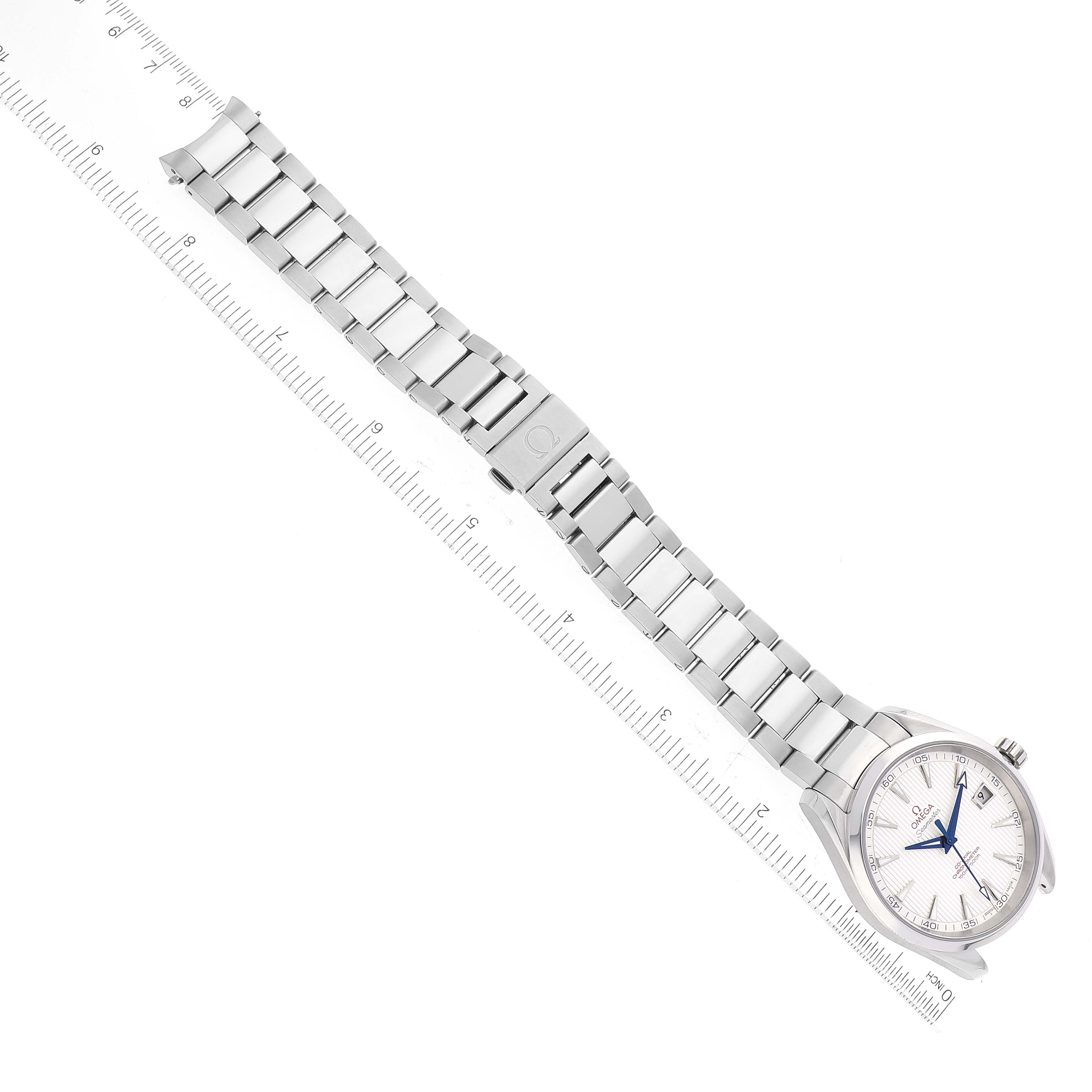 The image displays an Omega Aqua Terra 231.10.42.21.02.002 Men
s Stainless Steel Silver Dial 231.10.42.21.02.002 Men
s Stainless Steel Silver Dial watch from a top-down angle with the face, bracelet, and clasp visible.