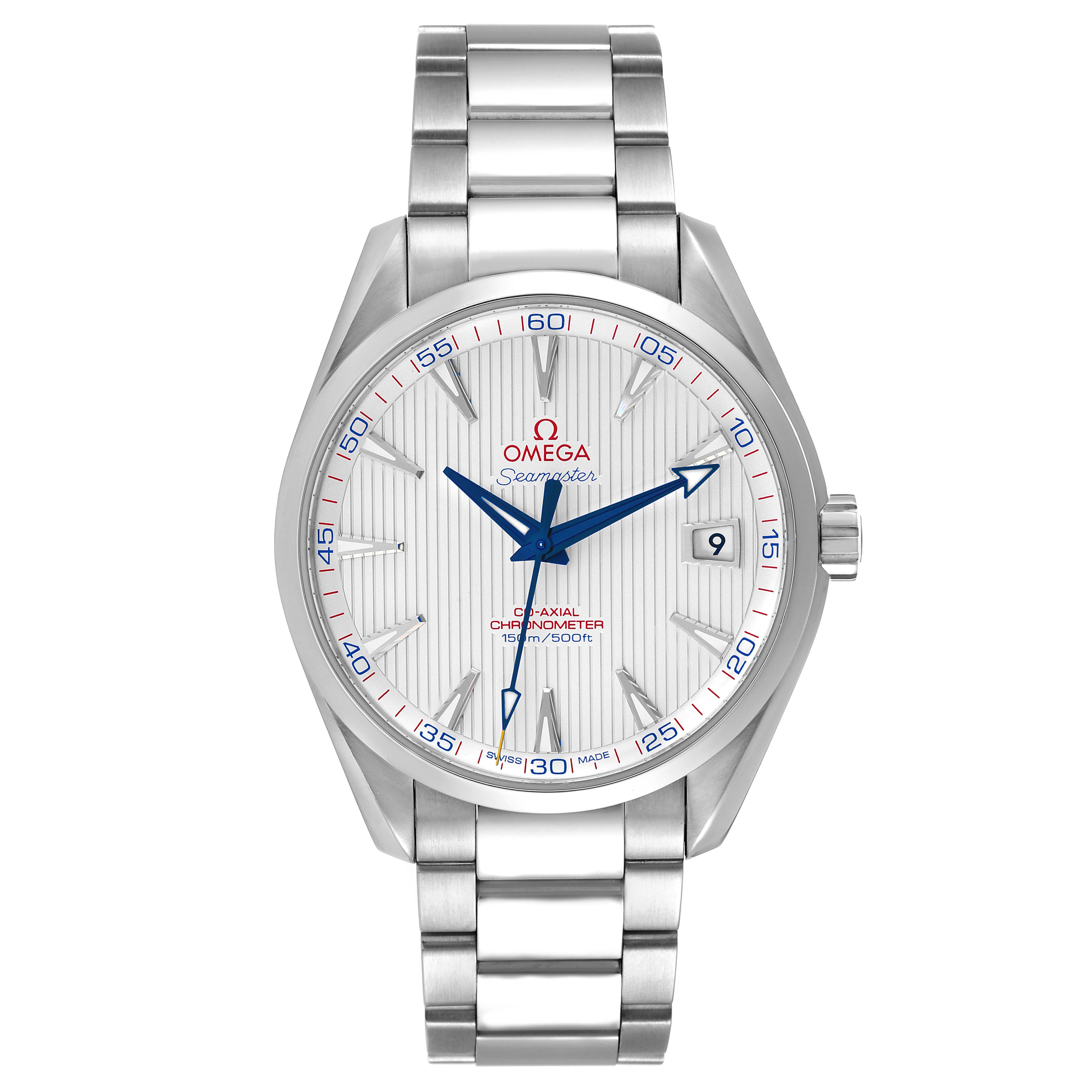 The image shows a front view of an Omega Aqua Terra 231.10.42.21.02.002 Men
s Stainless Steel Silver Dial 231.10.42.21.02.002 Men
s Stainless Steel Silver Dial watch, displaying its face, bezel, bracelet, and crown.