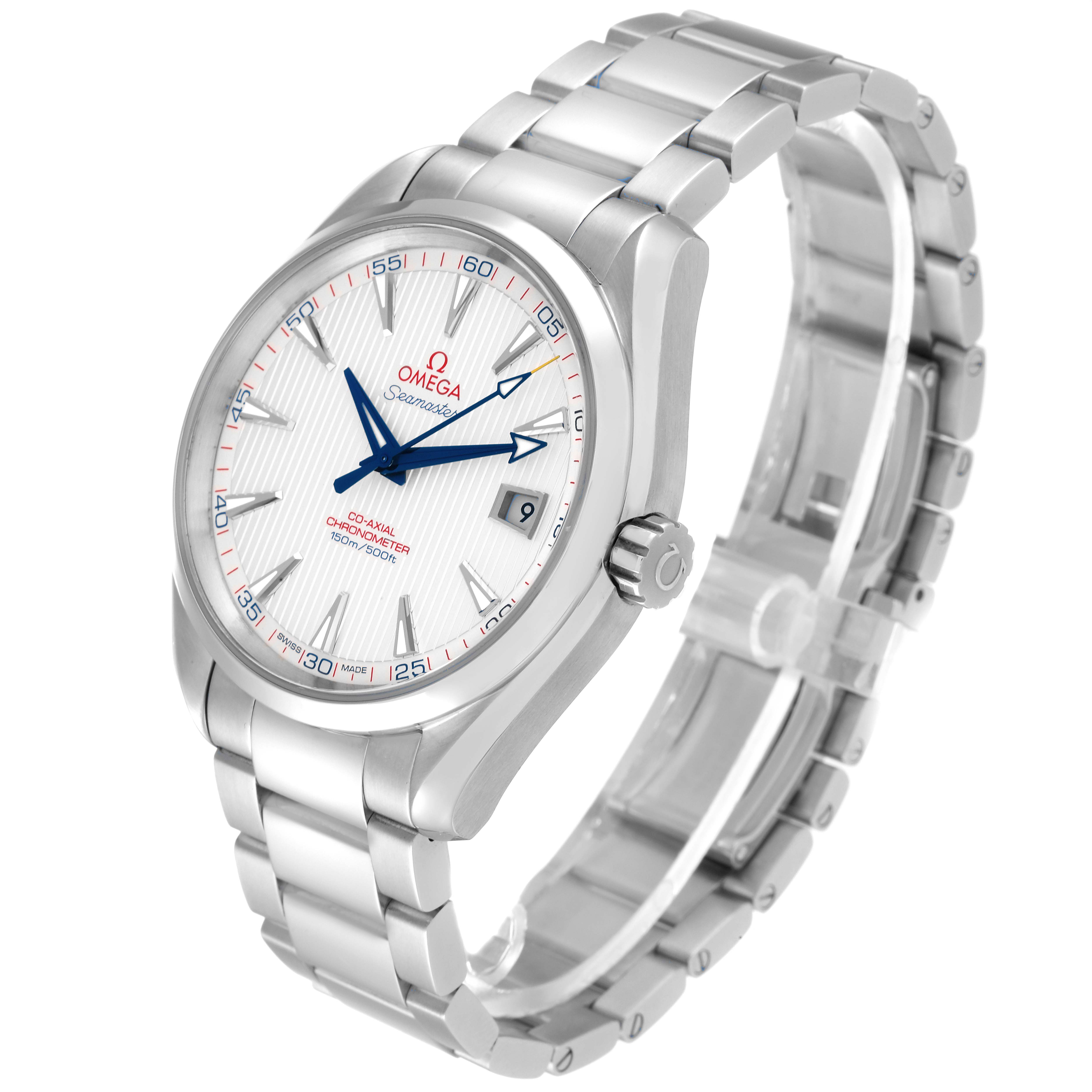 This image shows the Omega Aqua Terra 231.10.42.21.02.002 Men
s Stainless Steel Silver Dial 231.10.42.21.02.002 Men
s Stainless Steel Silver Dial watch at a three-quarter angle, highlighting the face, bezel, crown, and stainless steel bracelet.