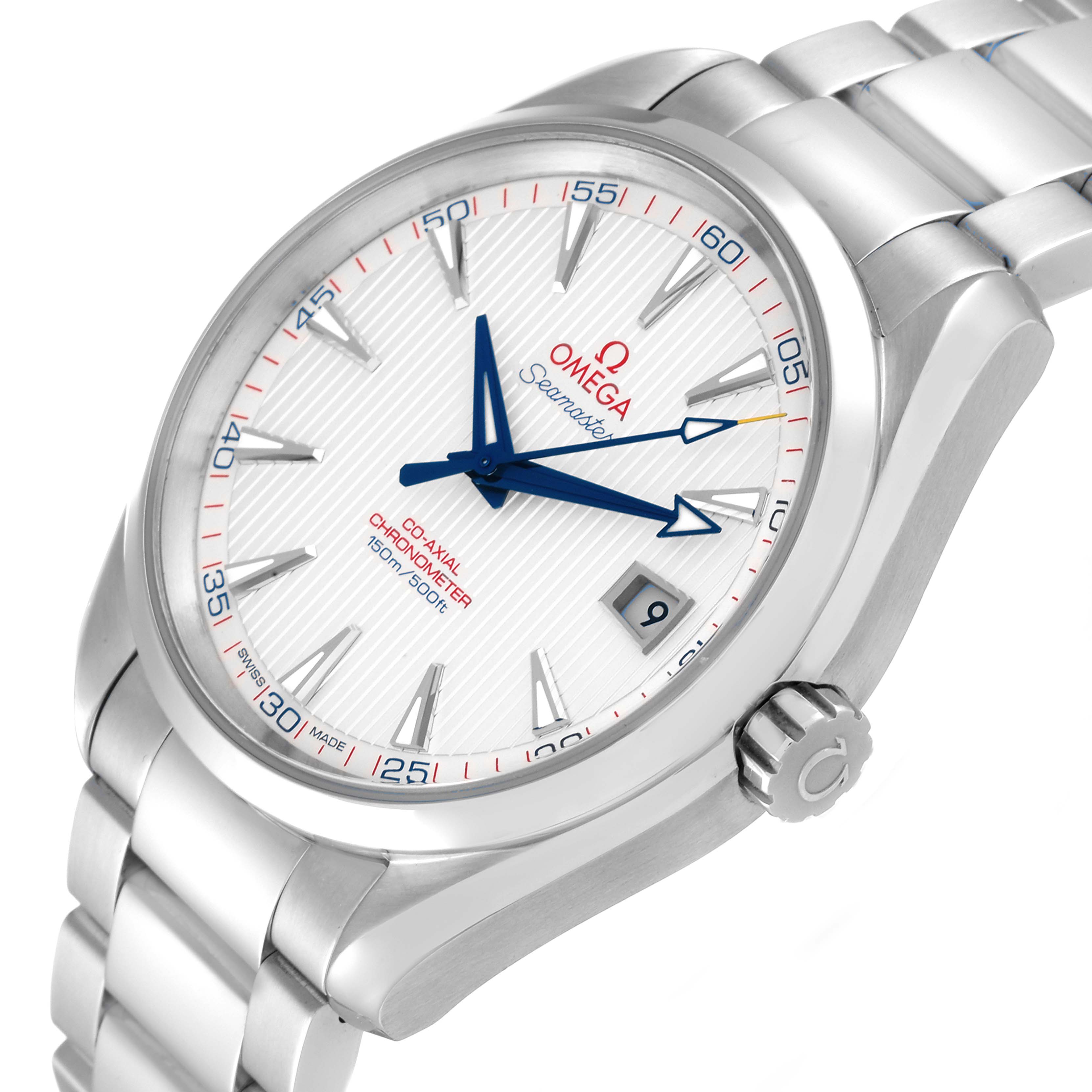 The image shows a close-up view of the dial, crown, and bracelet of an Omega Aqua Terra 231.10.42.21.02.002 Men
s Stainless Steel Silver Dial 231.10.42.21.02.002 Men
s Stainless Steel Silver Dial watch.