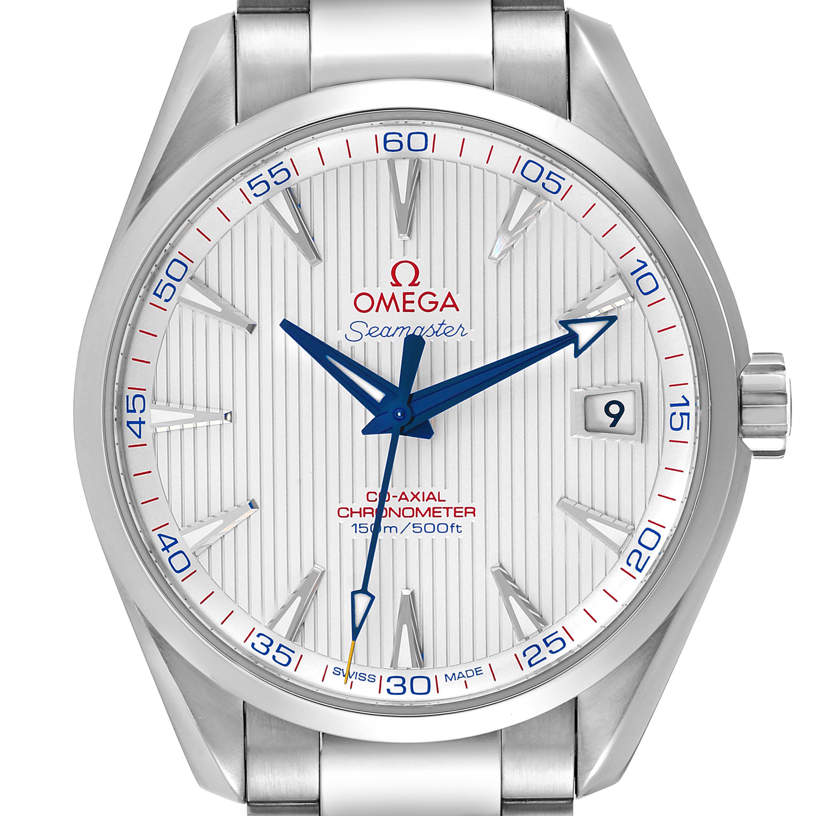 The image shows a front view of the dial face of the Omega Aqua Terra 231.10.42.21.02.002 Men
s Stainless Steel Silver Dial 231.10.42.21.02.002 Men
s Stainless Steel Silver Dial model watch, featuring blue hands, a date window, and metallic indexes.