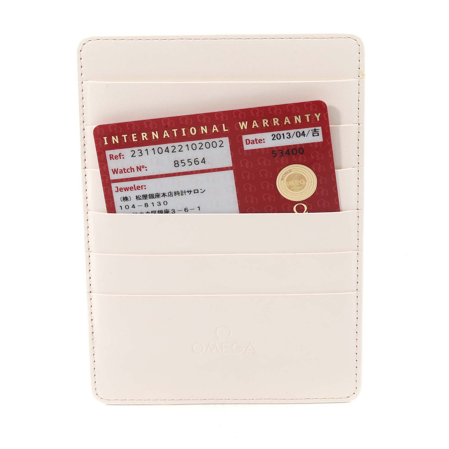 This image shows a white cardholder for the Omega Aqua Terra 231.10.42.21.02.002 Men
s Stainless Steel Silver Dial 231.10.42.21.02.002 Men
s Stainless Steel Silver Dial model with an international warranty card inserted.