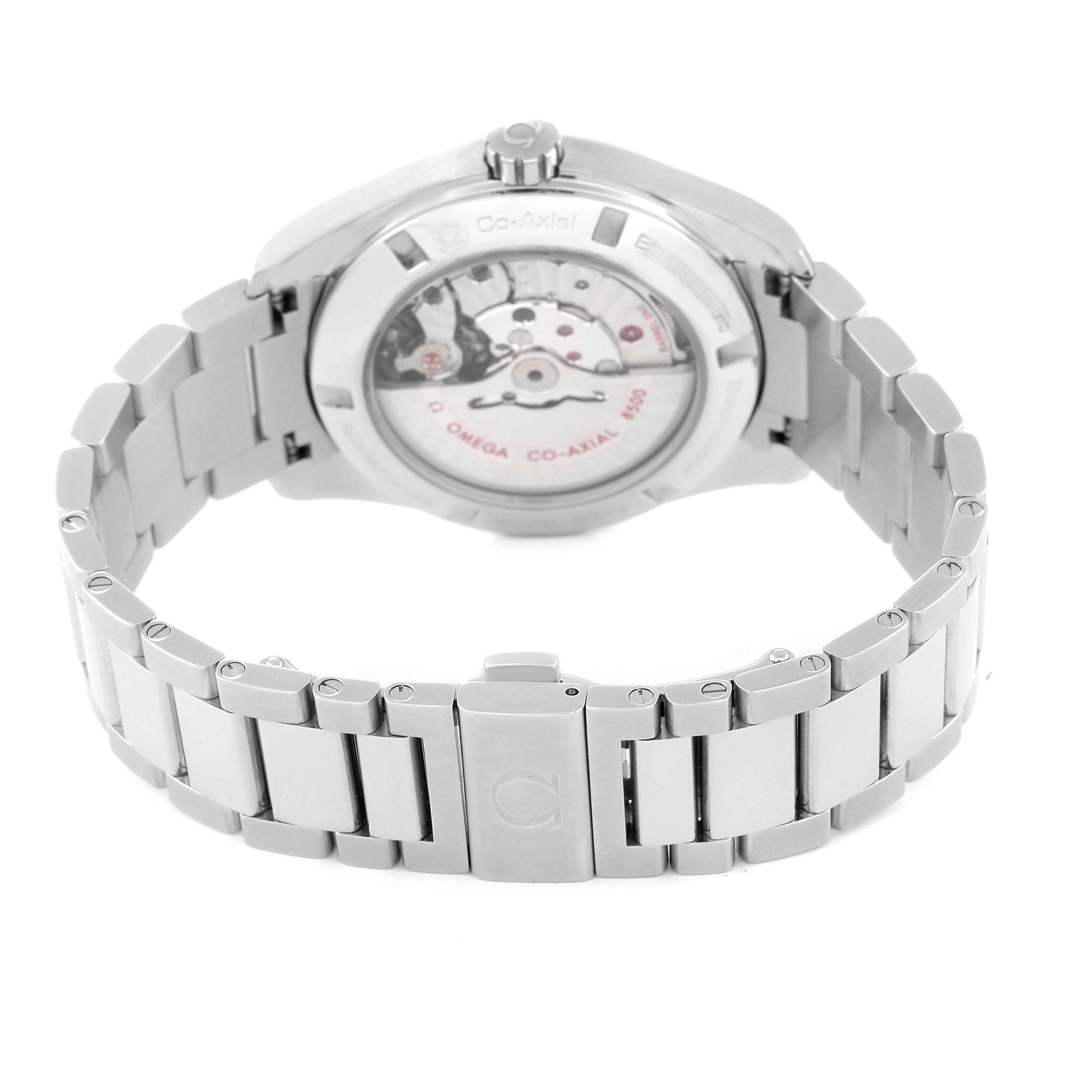 The image shows the back case and metallic bracelet of the Omega Aqua Terra 231.10.42.21.02.002 Men
s Stainless Steel Silver Dial 231.10.42.21.02.002 Men
s Stainless Steel Silver Dial watch, displaying the co-axial movement.